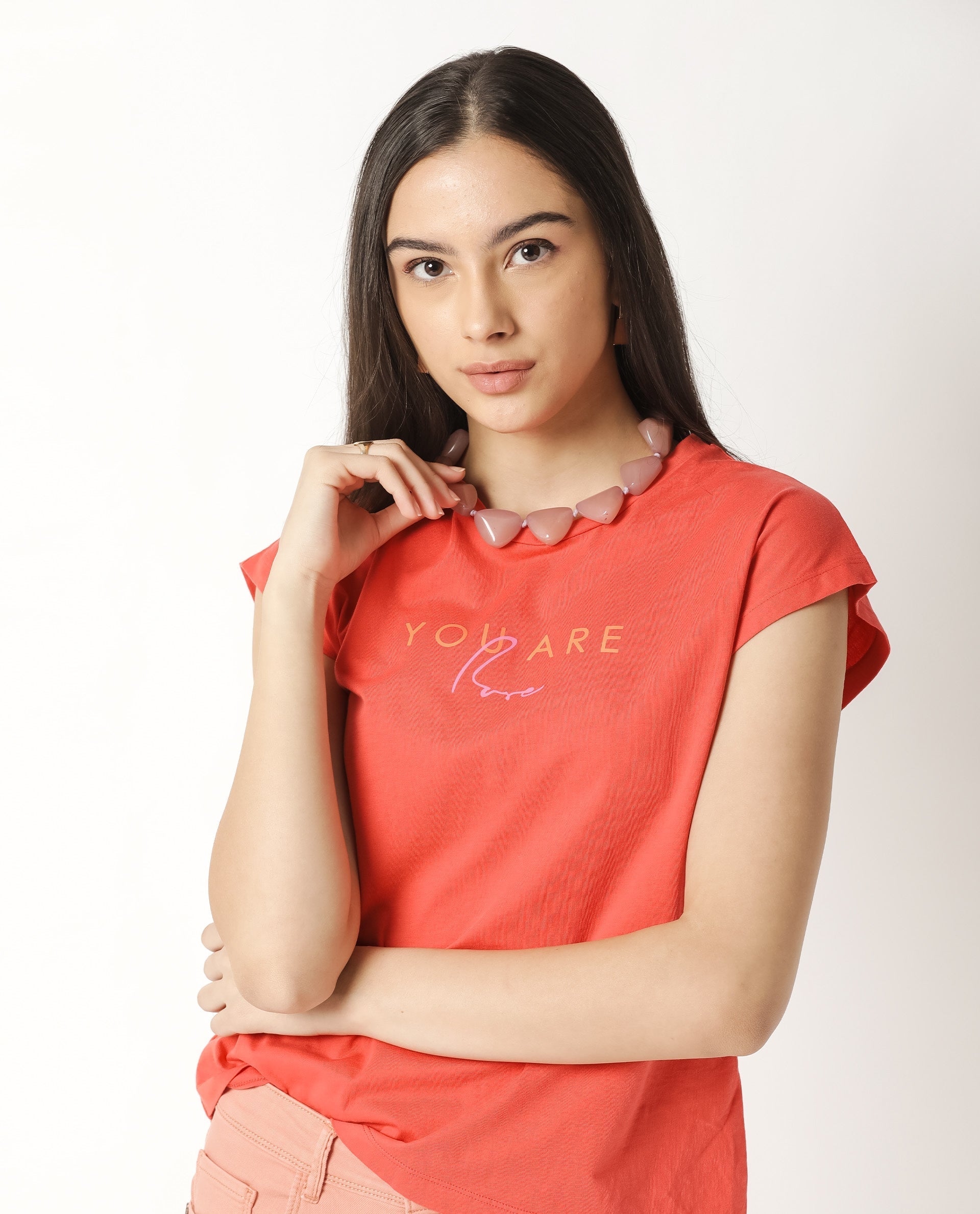 Rareism Womens Caprico Red T-Shirt Cotton Fabric Regular Fit Half Sleeve Round Neck