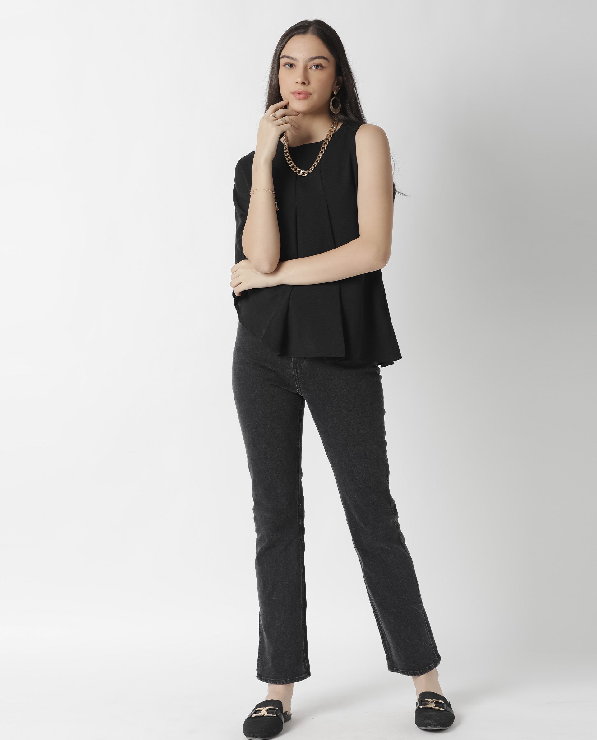 Rareism Womens Hudy Black Top Polyester Fabric Relaxed Fit Flared Sleeve Round Neck