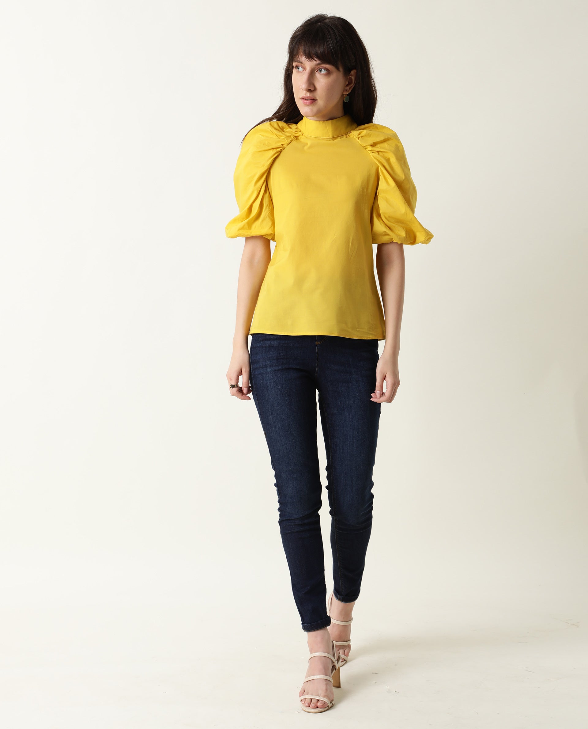 Rareism Womens Bobby Yellow Top Cotton Fabric Half Sleeve High Neck