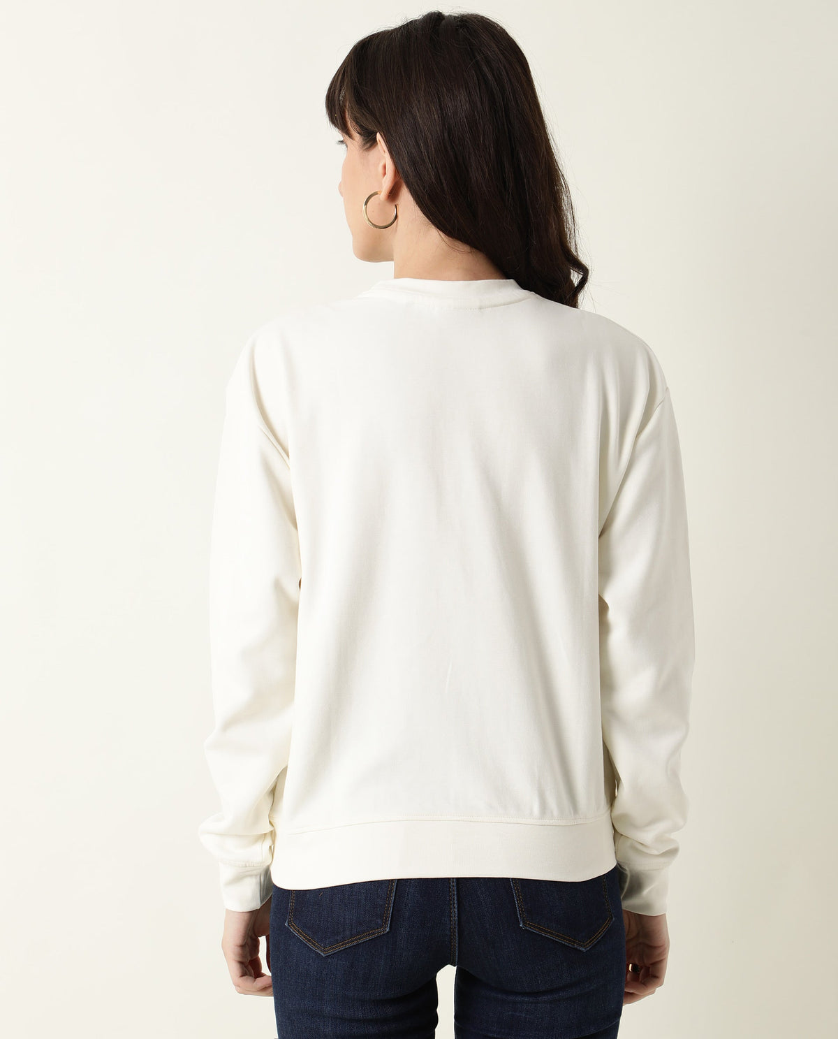 Rareism Women Host Off White Cotton Linen Fabric Relaxed Fit Full Sleeves Solid Crew Neck Sweatshirt