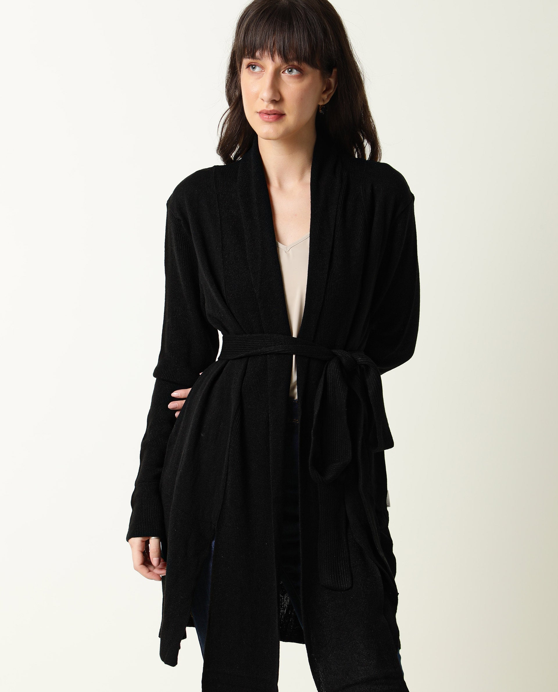 Rareism Women Flap Black Acrylic Fabric Full Sleeves Knee Length Regular Fit Solid Collarless Sweater