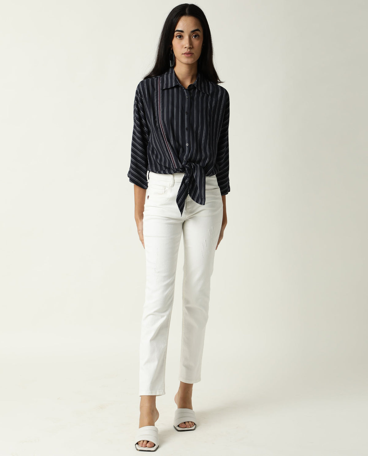 Rareism Women Cia Navy Viscose Fabric Regular Fit Shirt Collar 3/4Th Sleeves Striped Top