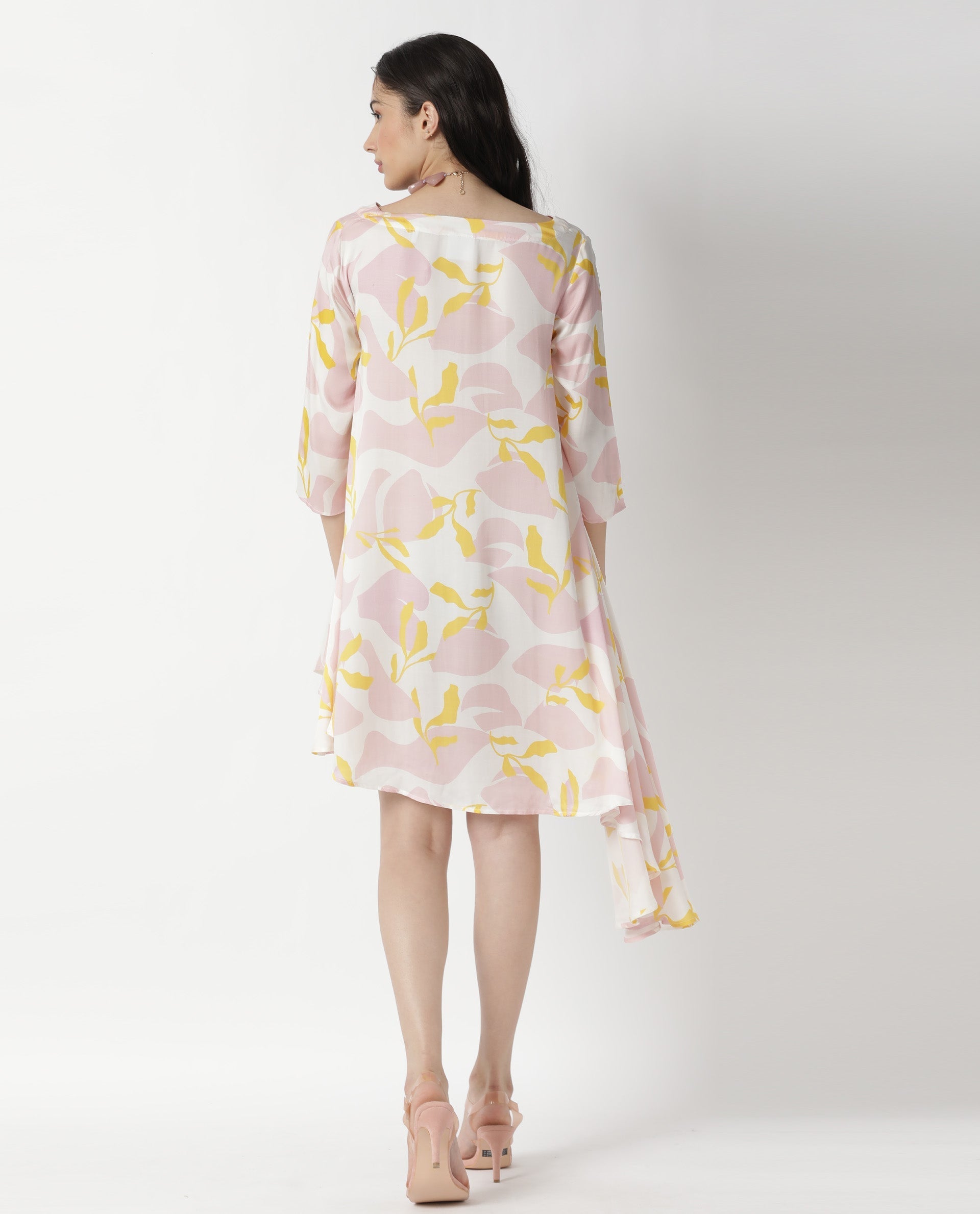 Rareism Womens Spider Pink Dress Modal Fabric Relaxed Fit 3/4 Sleeve Round Neck