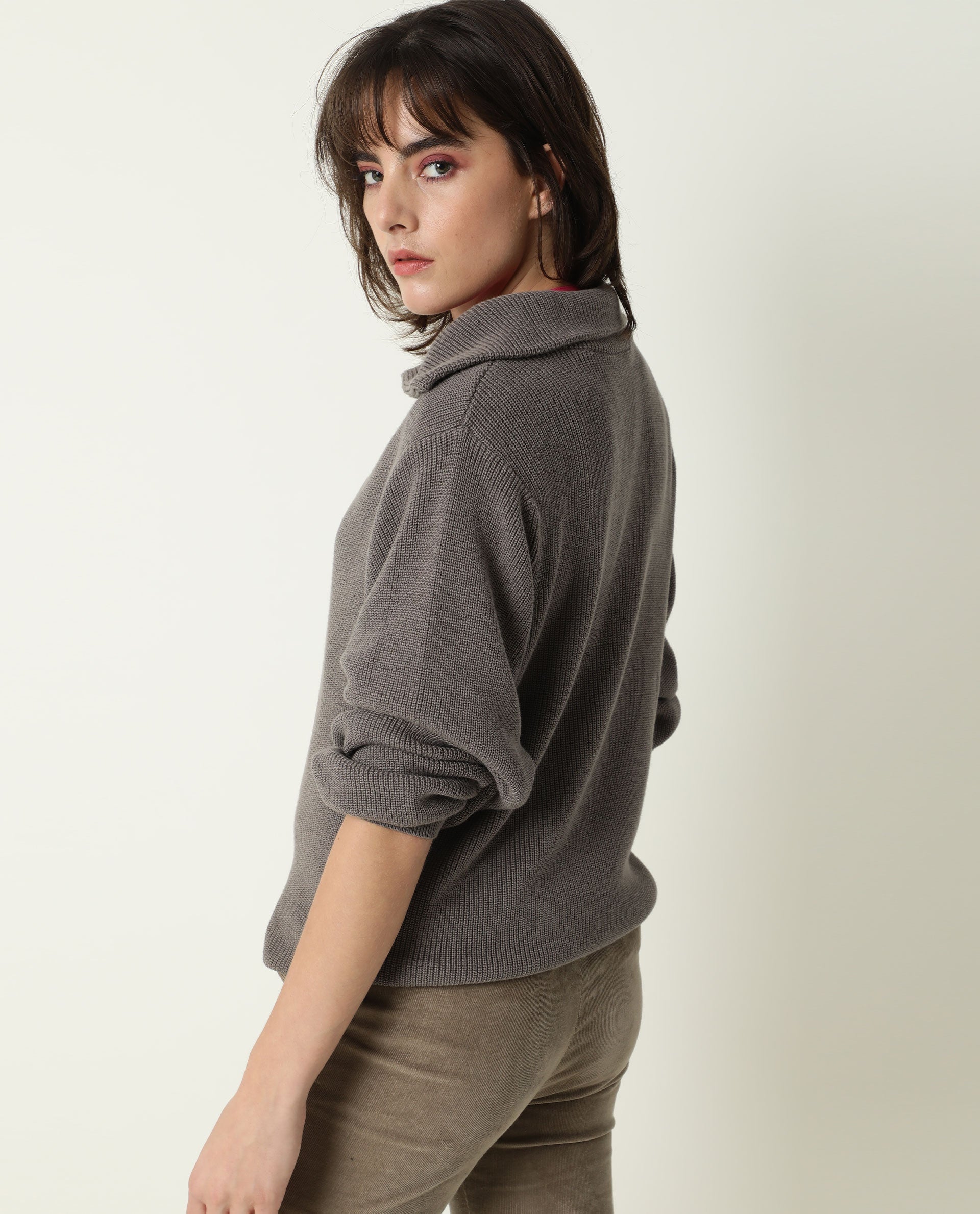 Rareism Women Swing Grey Sweater Full Sleeves Solid