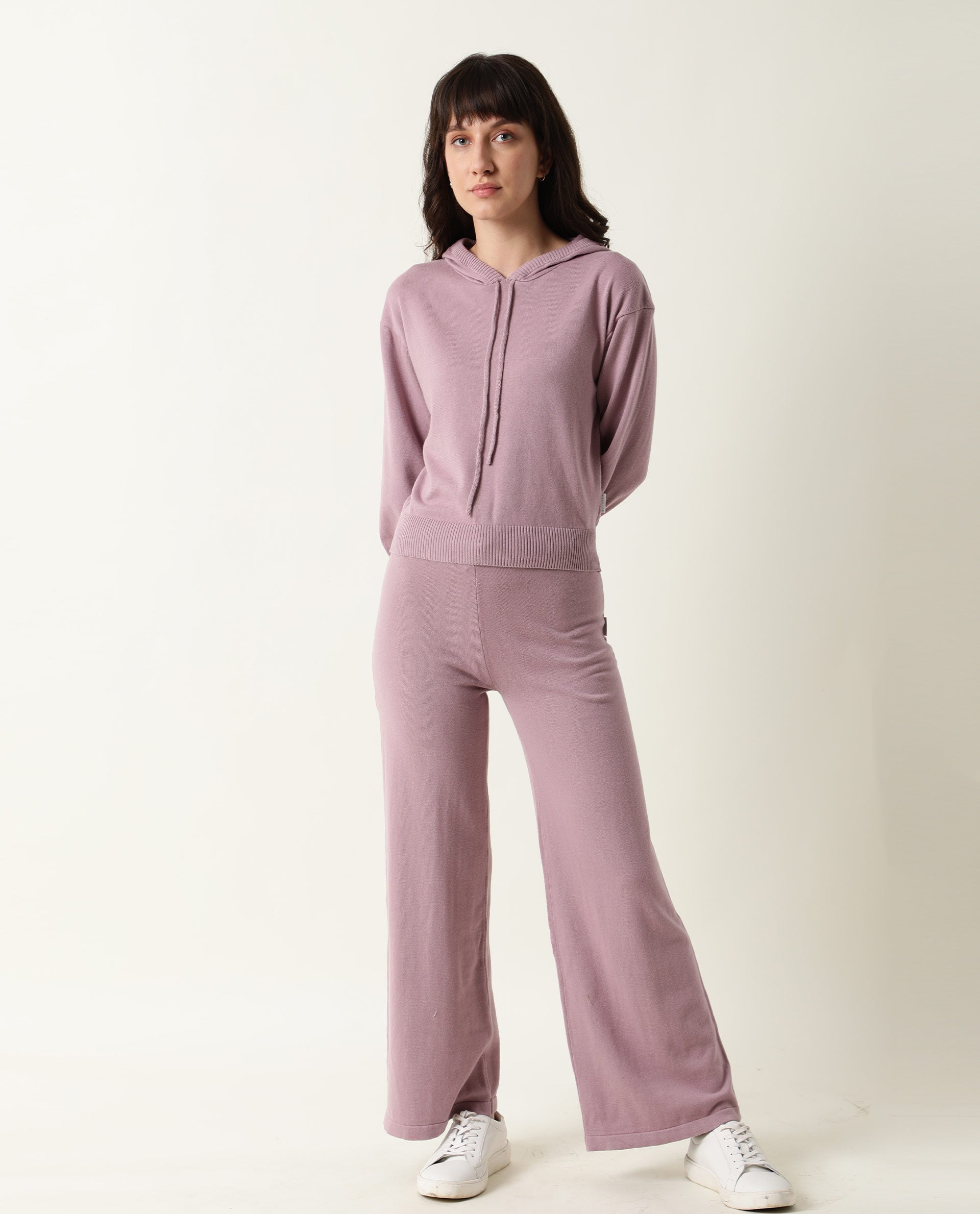 Rareism Women Finn Pastel Pink Cotton Fabric Straight Fit Full Sleeves Solid Hooded Track Suit