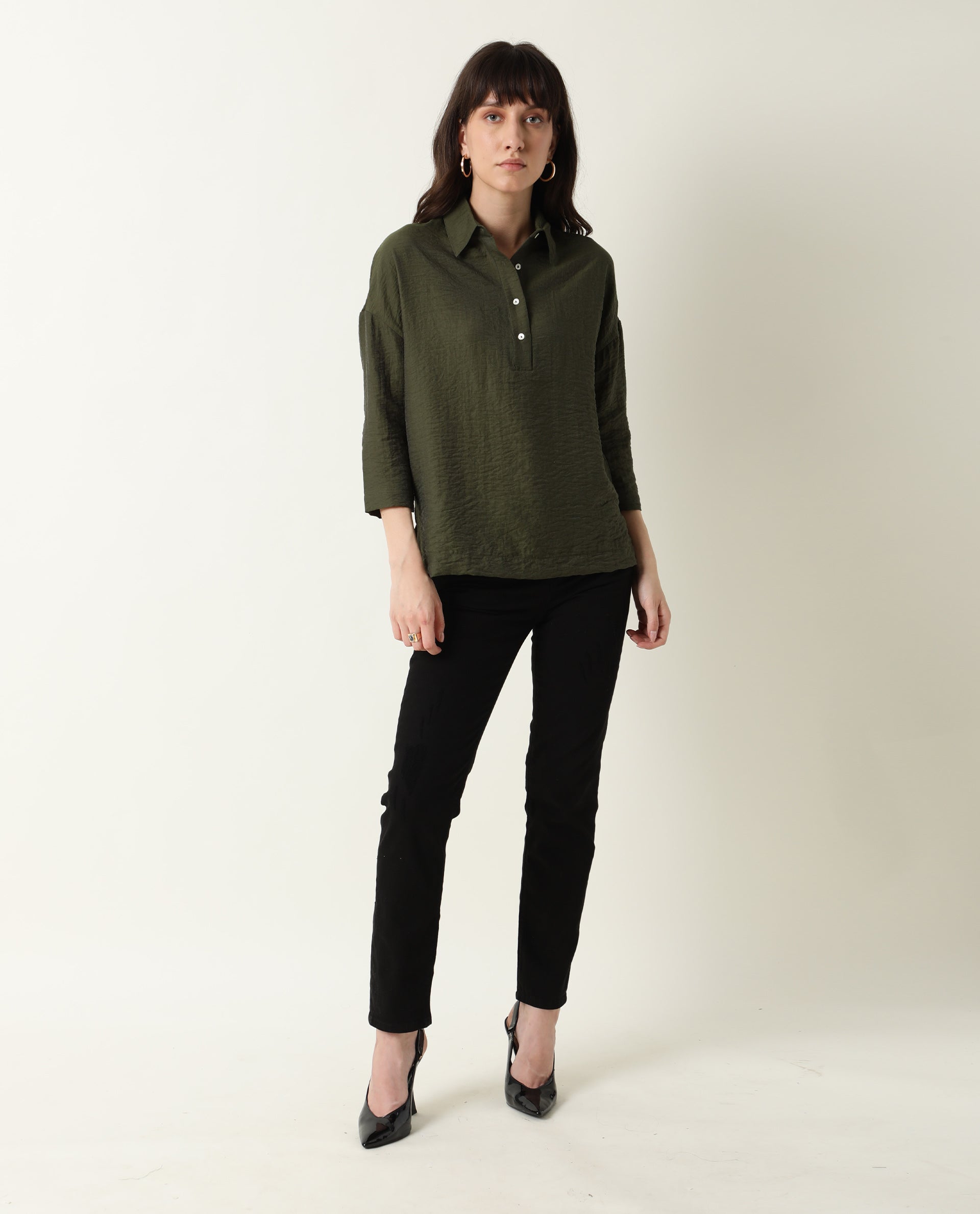 Rareism Women Velyn Dark Green Polyester Fabric Relaxed Fit Collared Neck Full Sleeves Textured Top