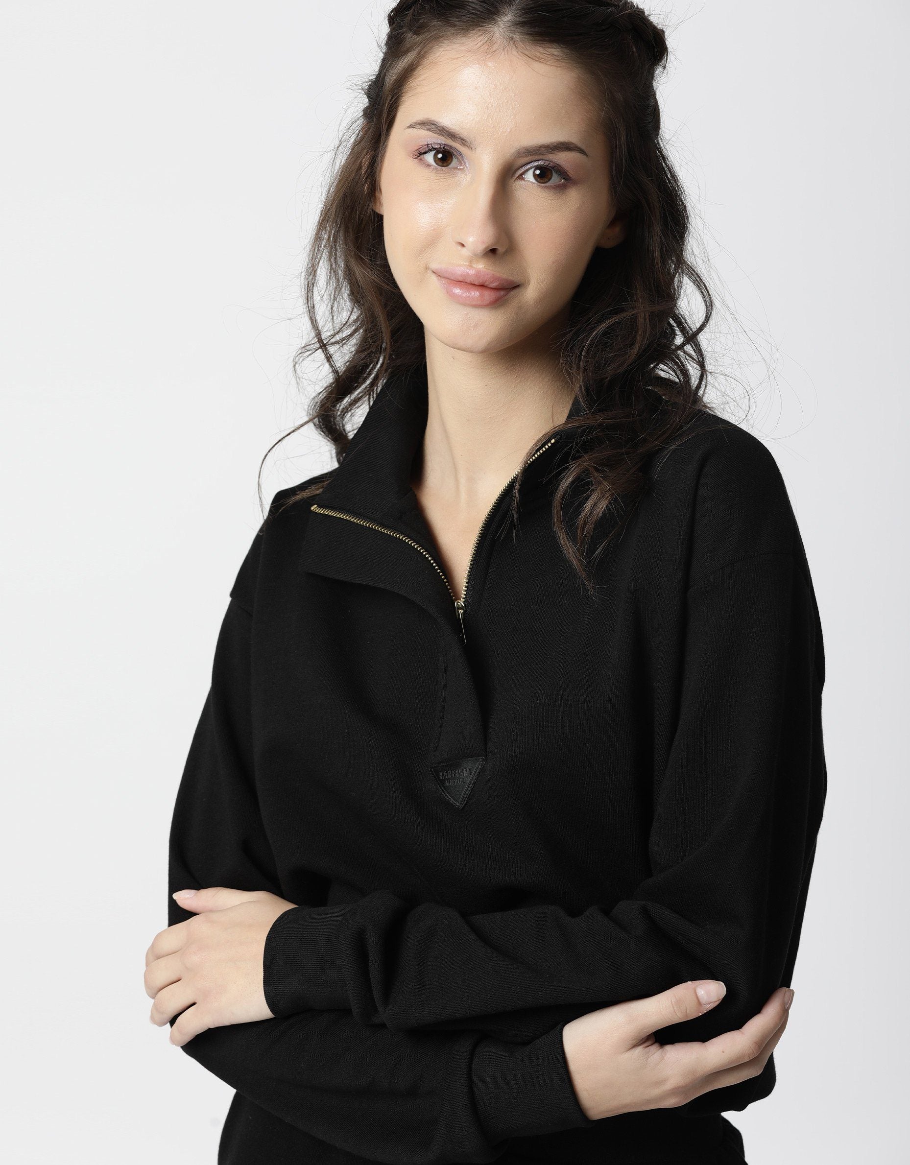 Rareism Women Taffy Black  Relaxed Fit Full Sleeves Solid High Neck Sweatshirt