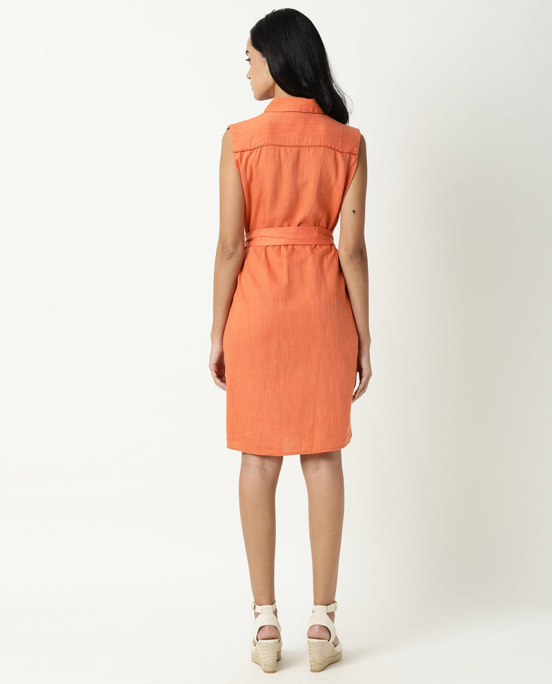 Rareism Women Zolaa Orange Shirt Collar Front Packet With Buttons Fabric Waist Belt And Side Slit Knee Length Dress