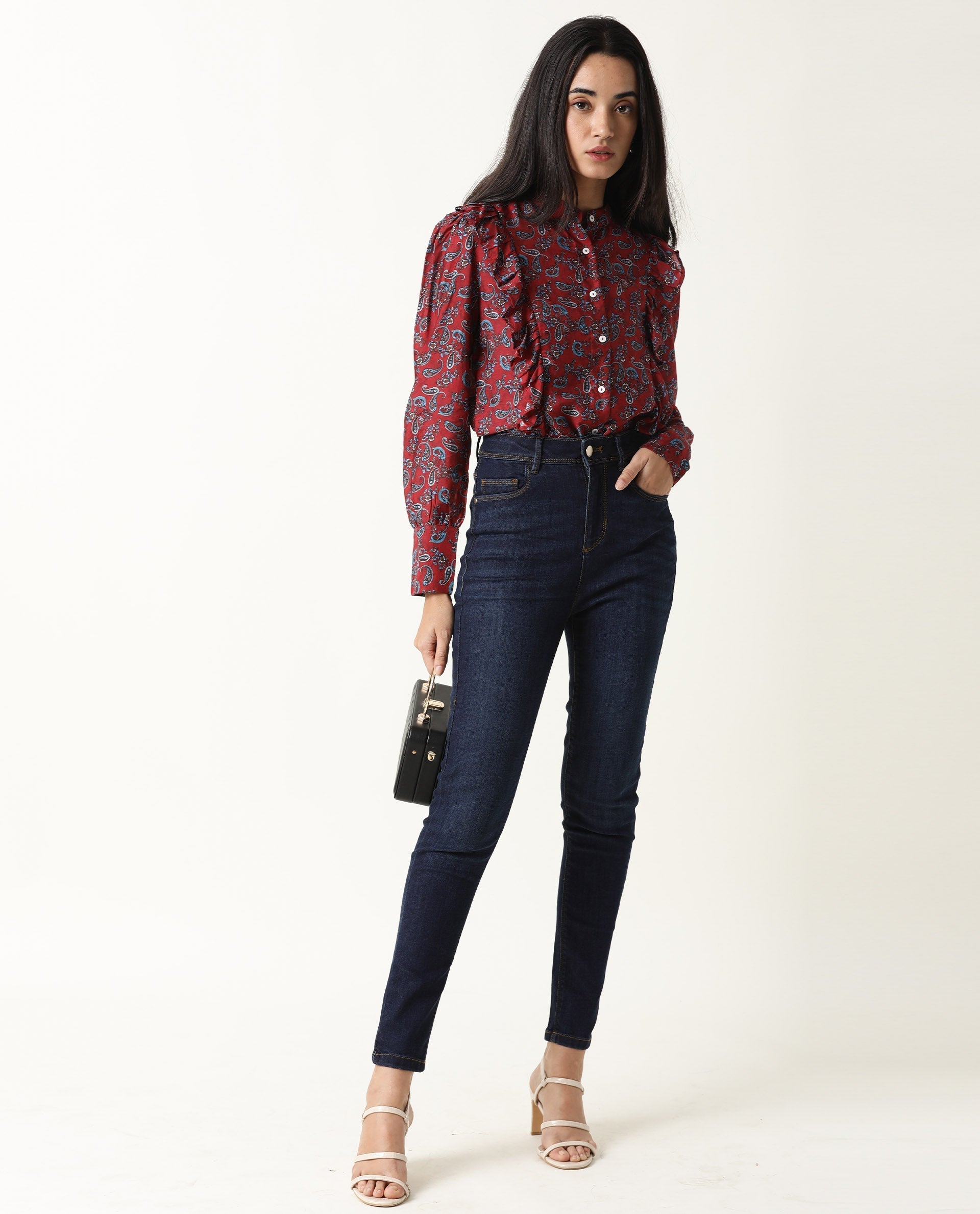 Rareism Women's Pumpkin Maroon Mandarin Collar Embroidered Regular Fit Top