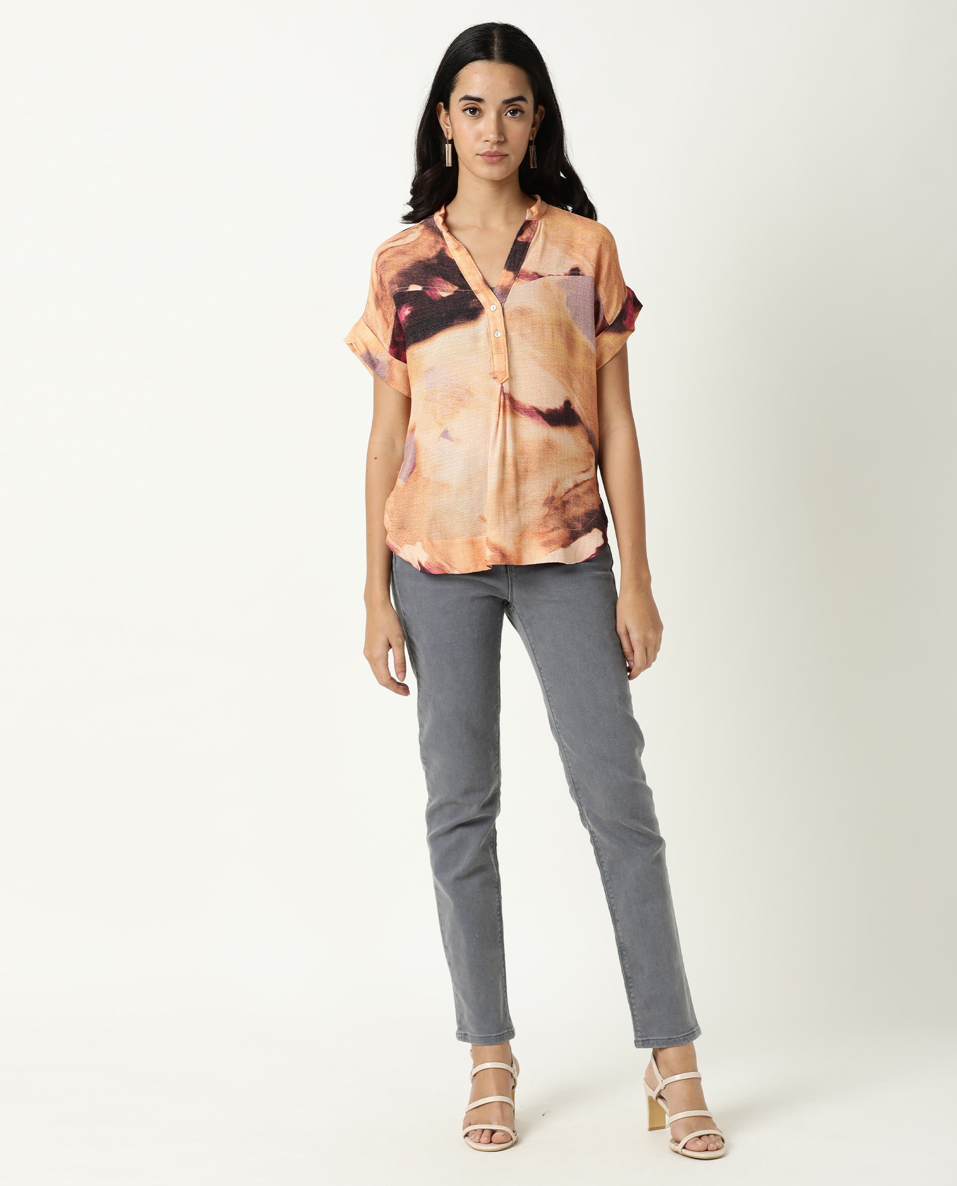 Rareism Womens Dante Orange Top Polyester Fabric Regular Fit No Sleeves Mandarin Neck