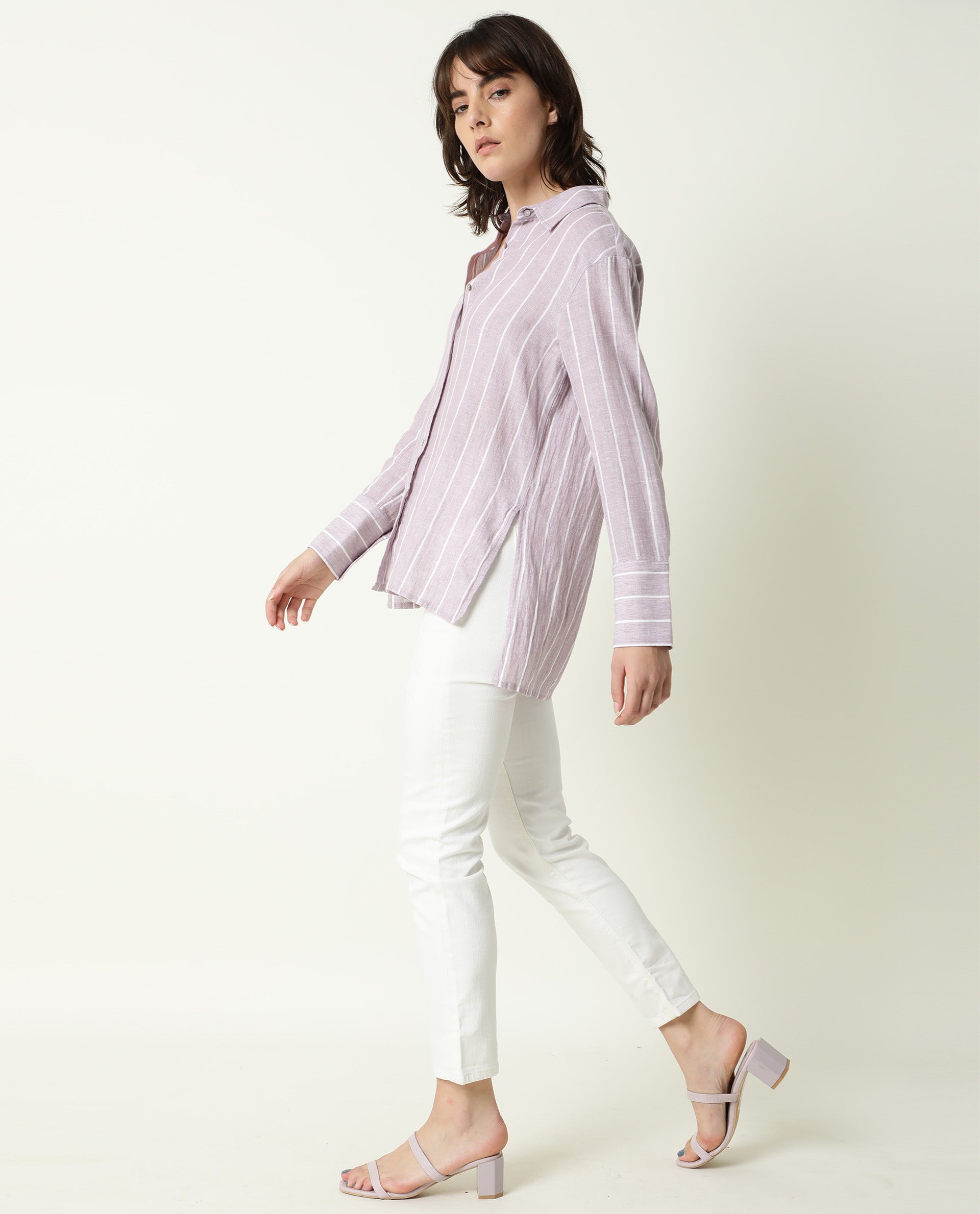 Rareism Women Vrish Pastel Purple Cotton Linen Fabric Relaxed Fit Collared Neck Full Sleeves Striped Top