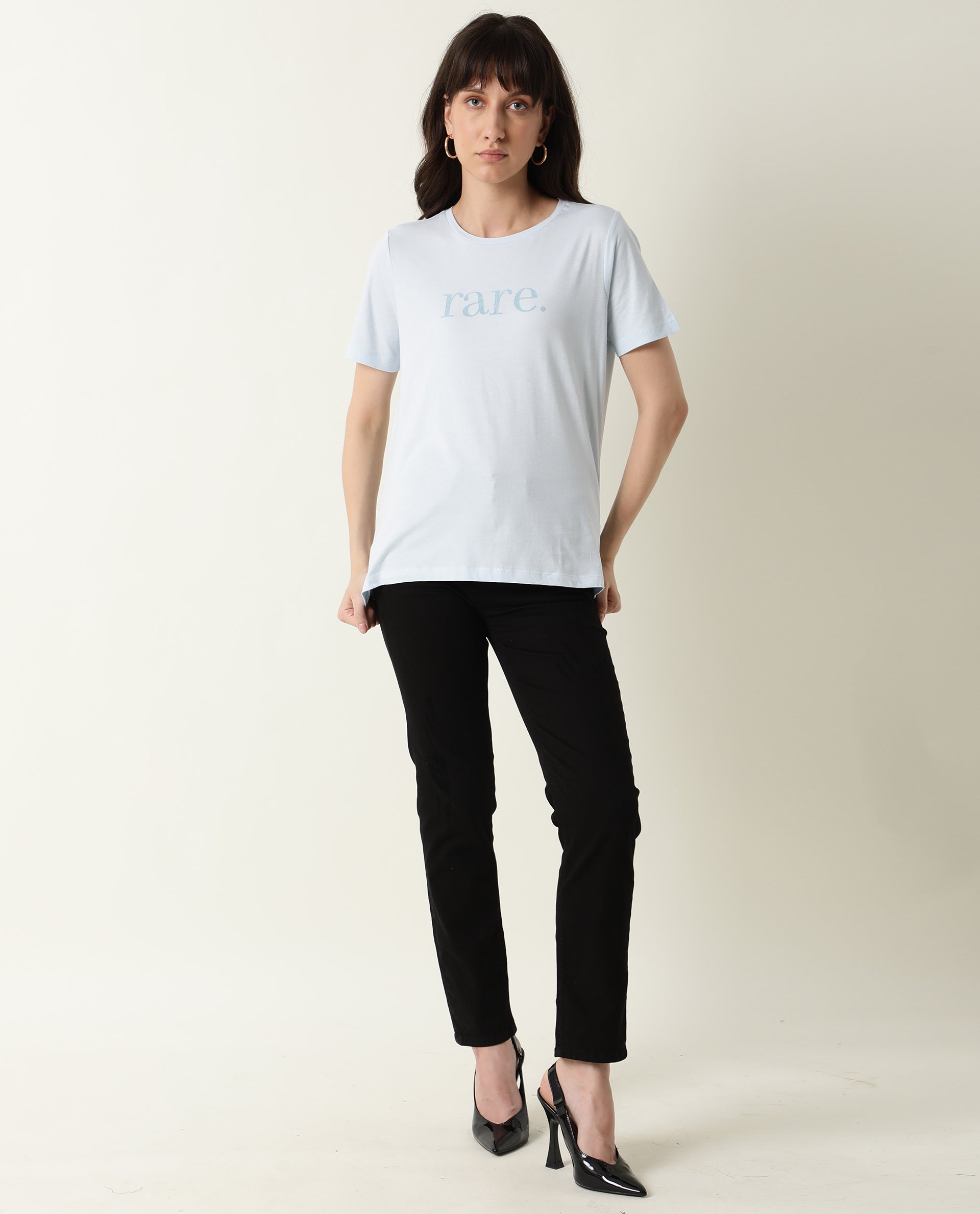 Rareism Womens Basic Tee 2 Blue T-Shirt Cotton Fabric Fitted Fit Short Sleeve Round Neck