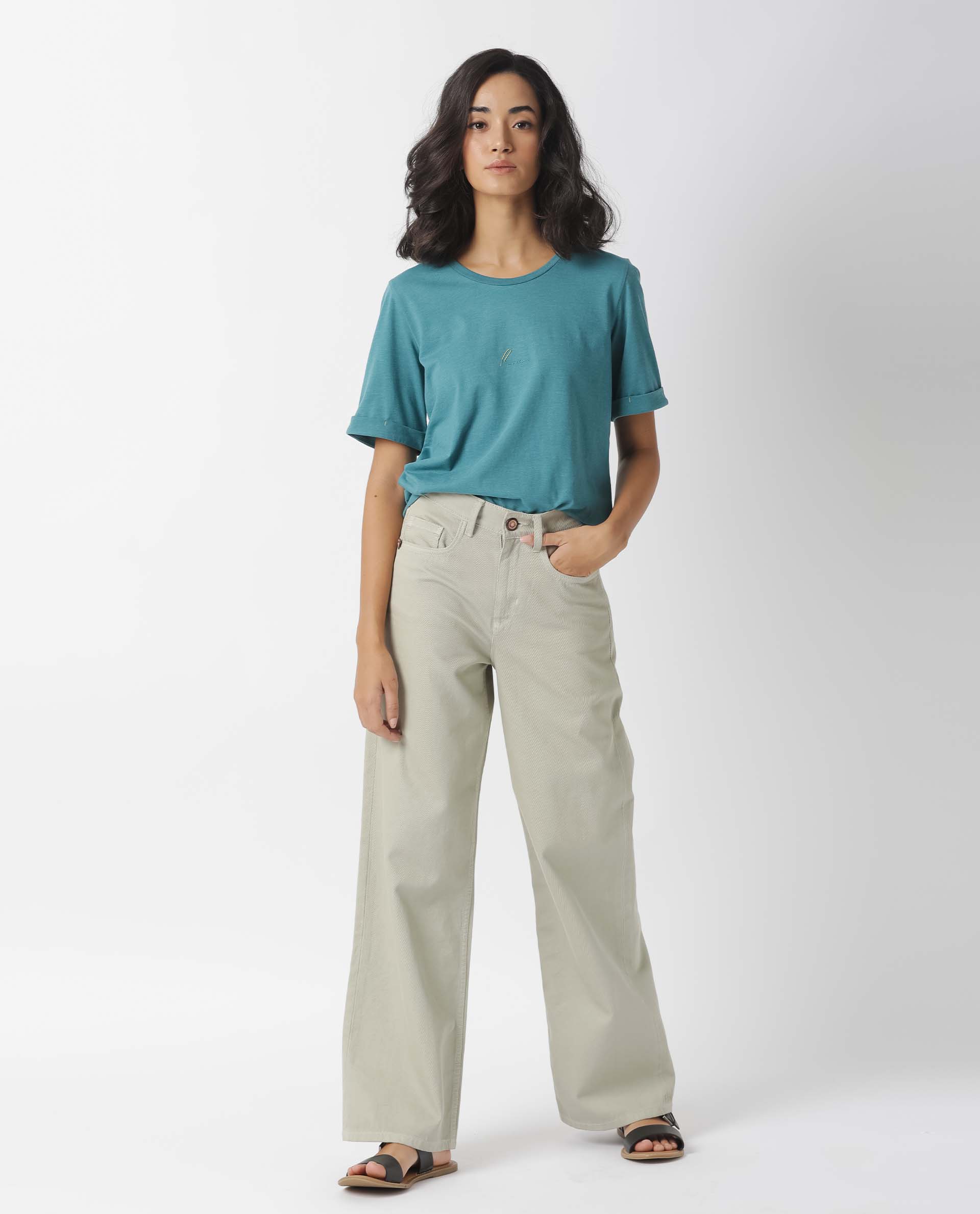 Rareism Women Nova Tee 2 Green Cotton Blend Fabric Regular Fit Half Sleeves Solid Crew Neck T-Shirt