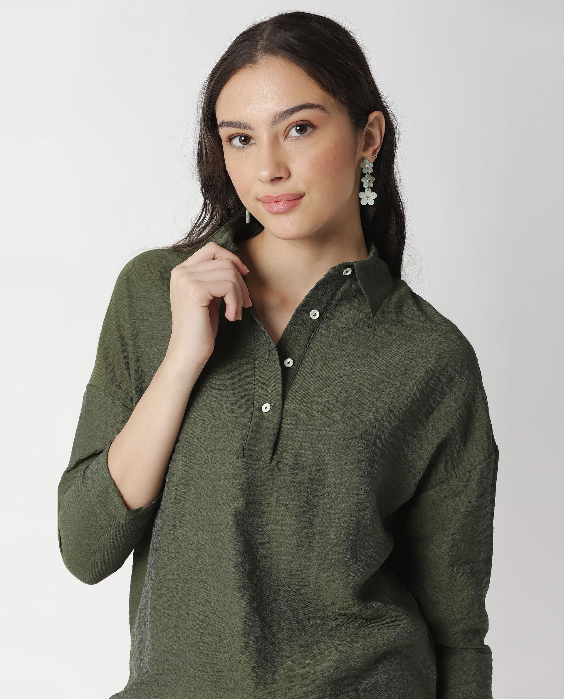 Rareism Women Velyn Dark Green Polyester Fabric Relaxed Fit Collared Neck Full Sleeves Textured Top