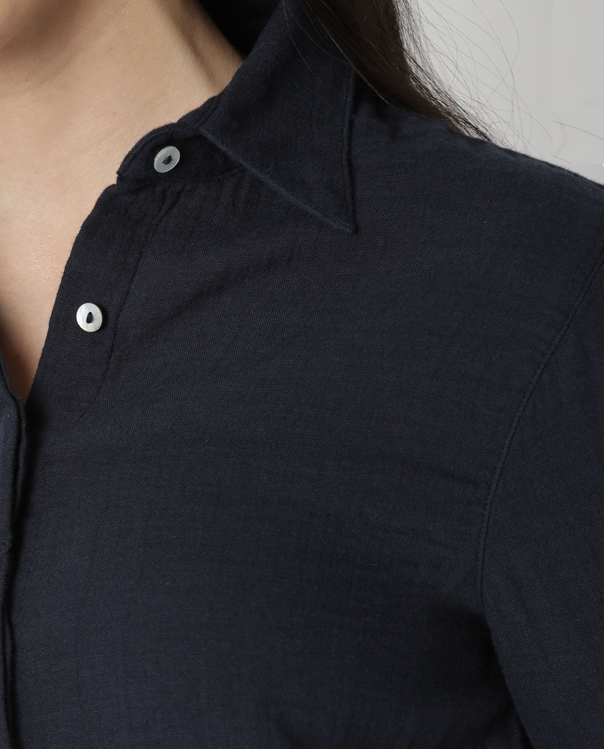 Rareism Womens Lock Navy Top Cotton Fabric Regular Fit Cuffed Sleeve Collared Neck
