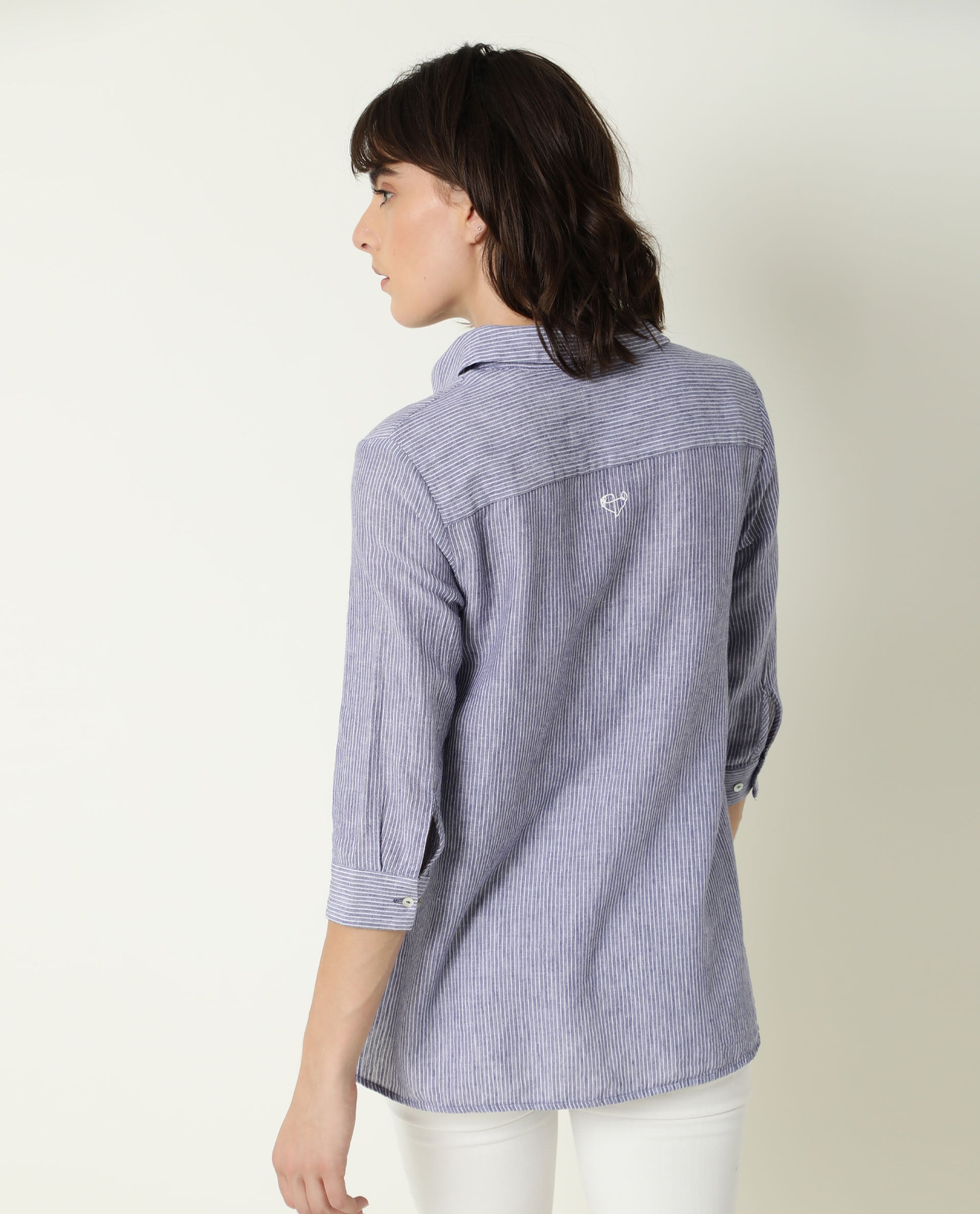 Rareism Womens Stellio Blue Top Cotton Linen Fabric  3/4 Sleeve Collared Neck