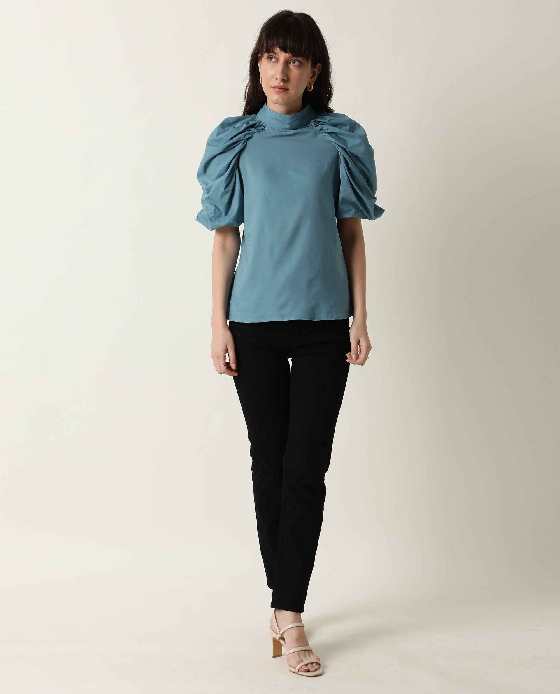 Rareism Womens Bobby Blue Top Cotton Fabric Half Sleeve High Neck