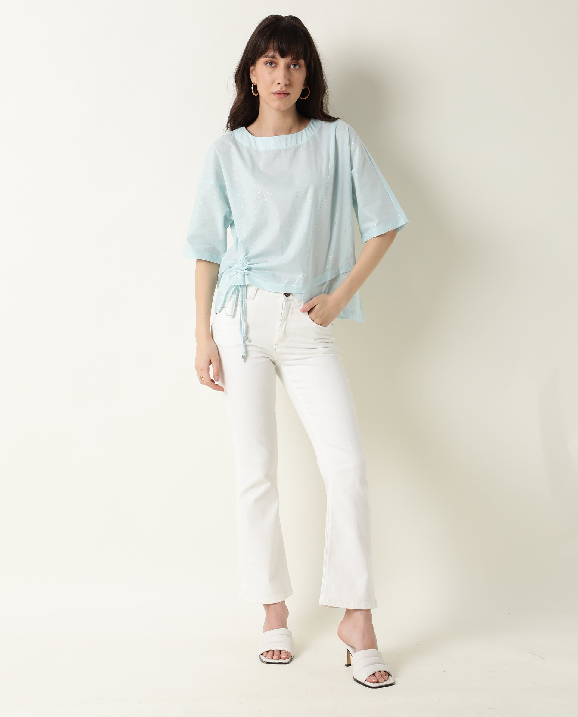 Rareism Women Xerox Light Turq Cotton Fabric Regular Fit Boat Neck Half Sleeves Solid Top