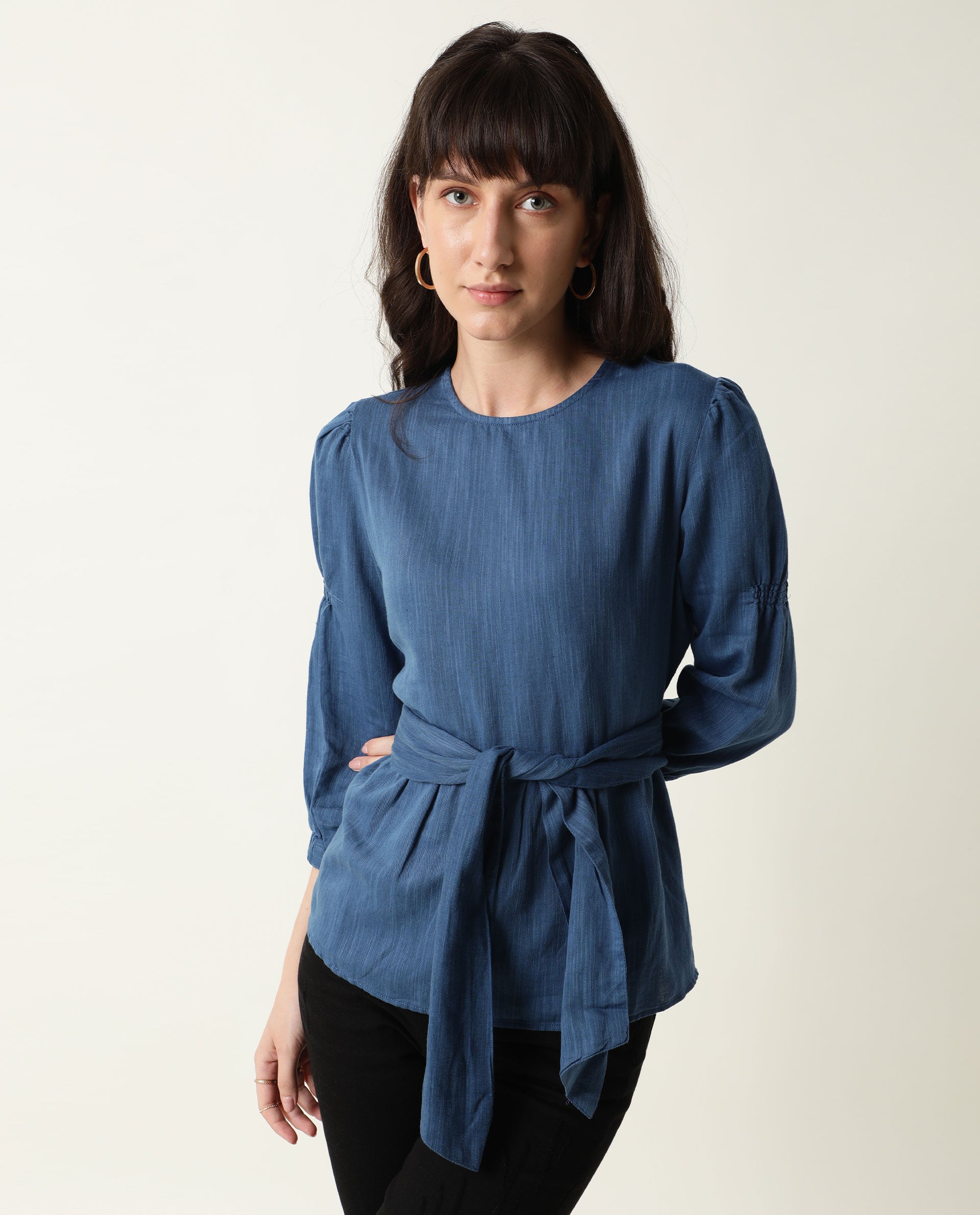 Rareism Womens Mocky Petrol Top Full Sleeve Elasticated Cuff Crew Neck