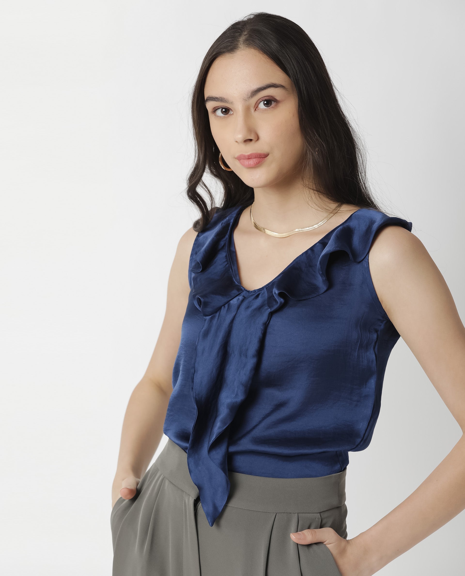 Rareism Womens Wishin Navy Top Modal Fabric Regular Fit Sleeveless Ruffled Neck