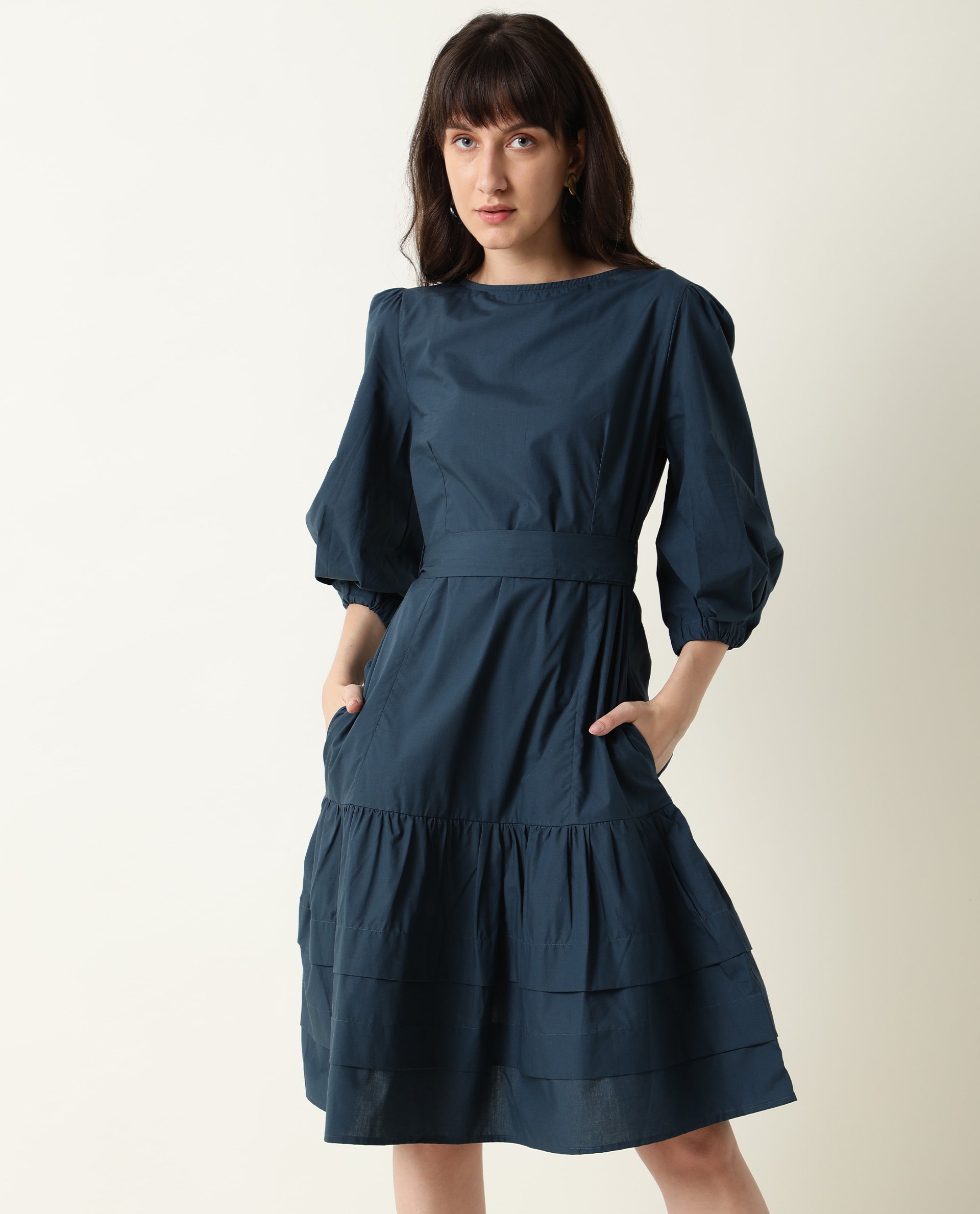 Rareism Womens Peas Petrol Dress Cotton Fabric Regular Fit Puff Sleeves Round Neck