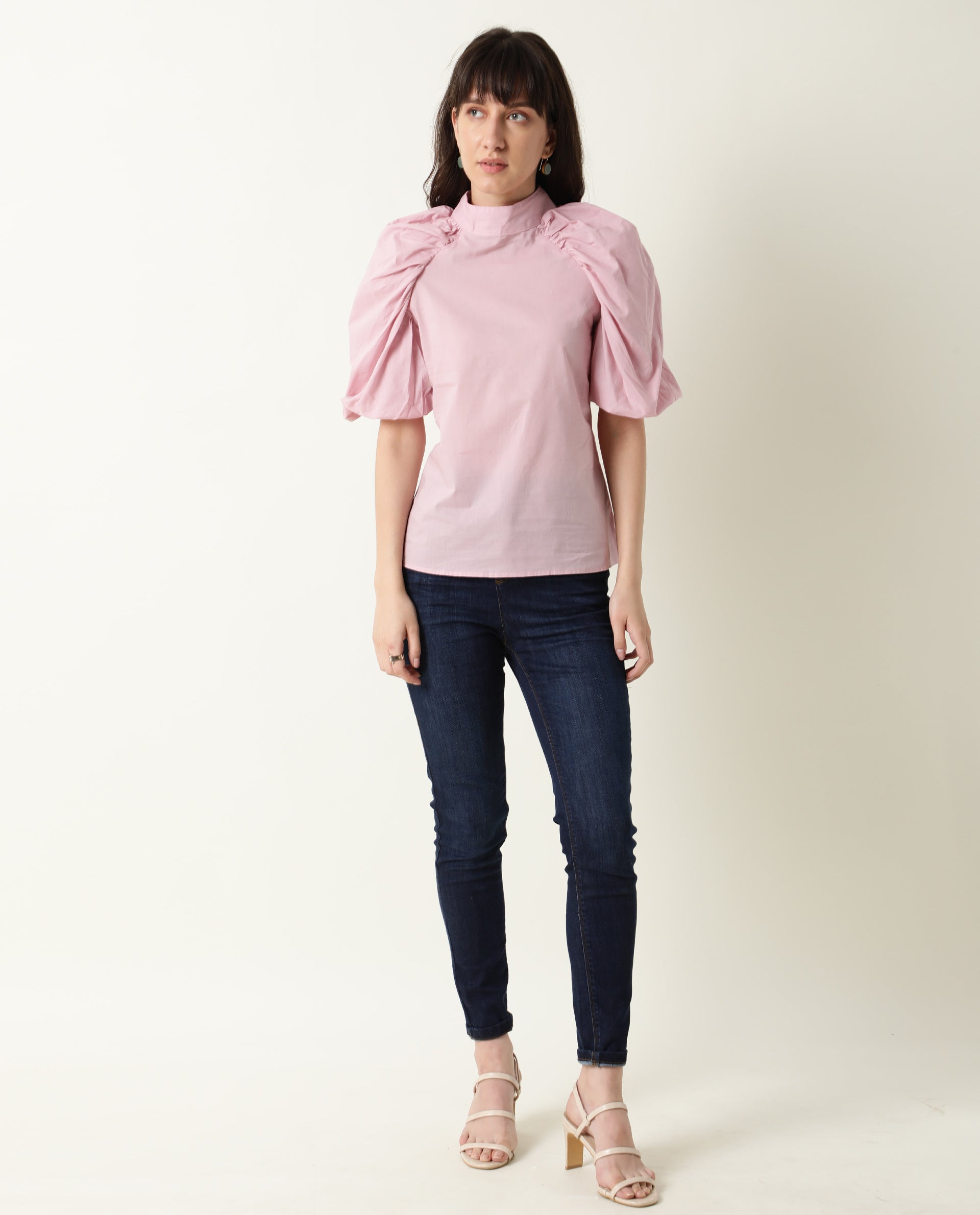 Rareism Womens Bobby Pink Top Cotton Fabric  Half Sleeve High Neck