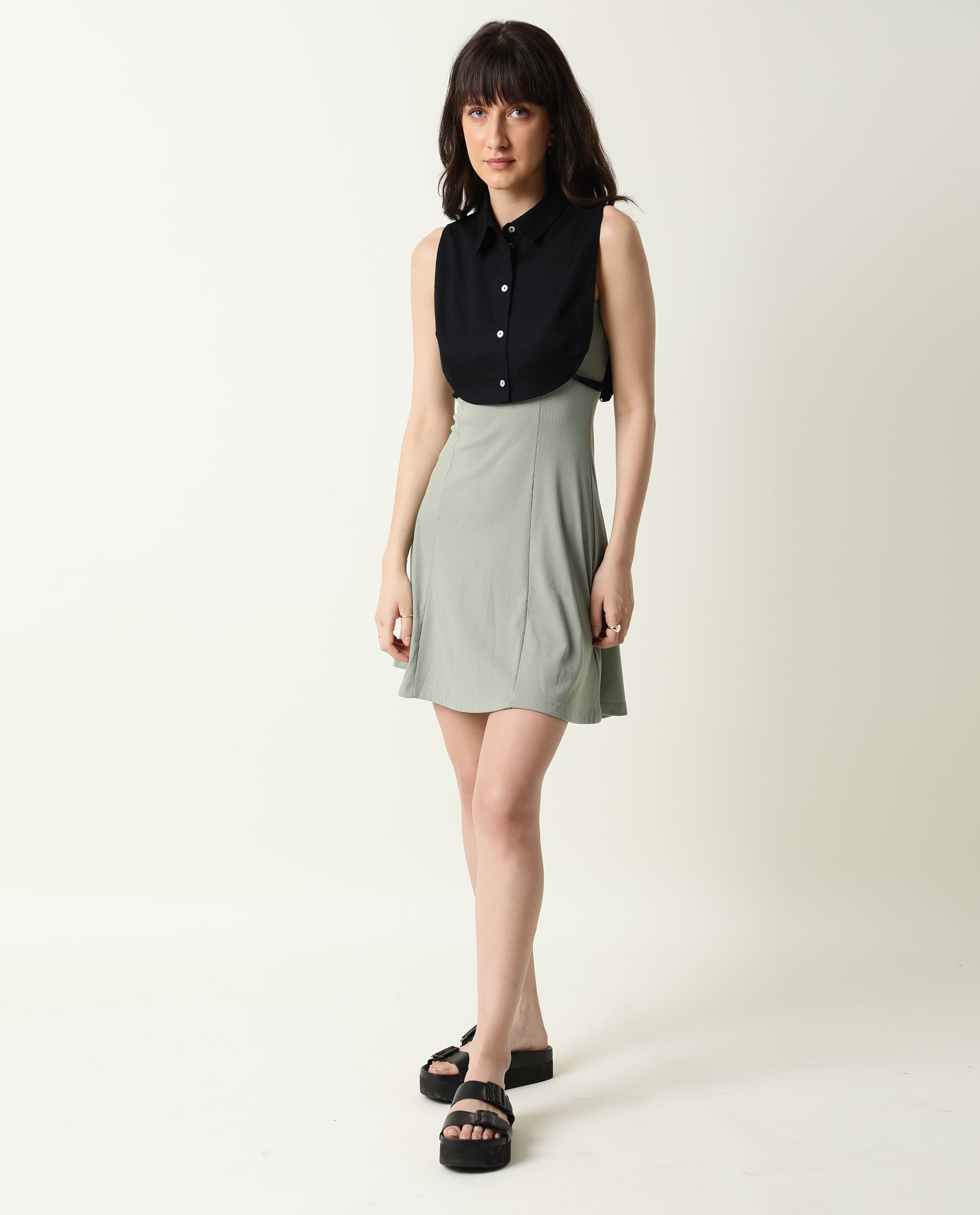 Rareism Womens Floret Black Over Layer Cotton Fabric Cropped Length Sleeveless Button Fastening Collar Neck