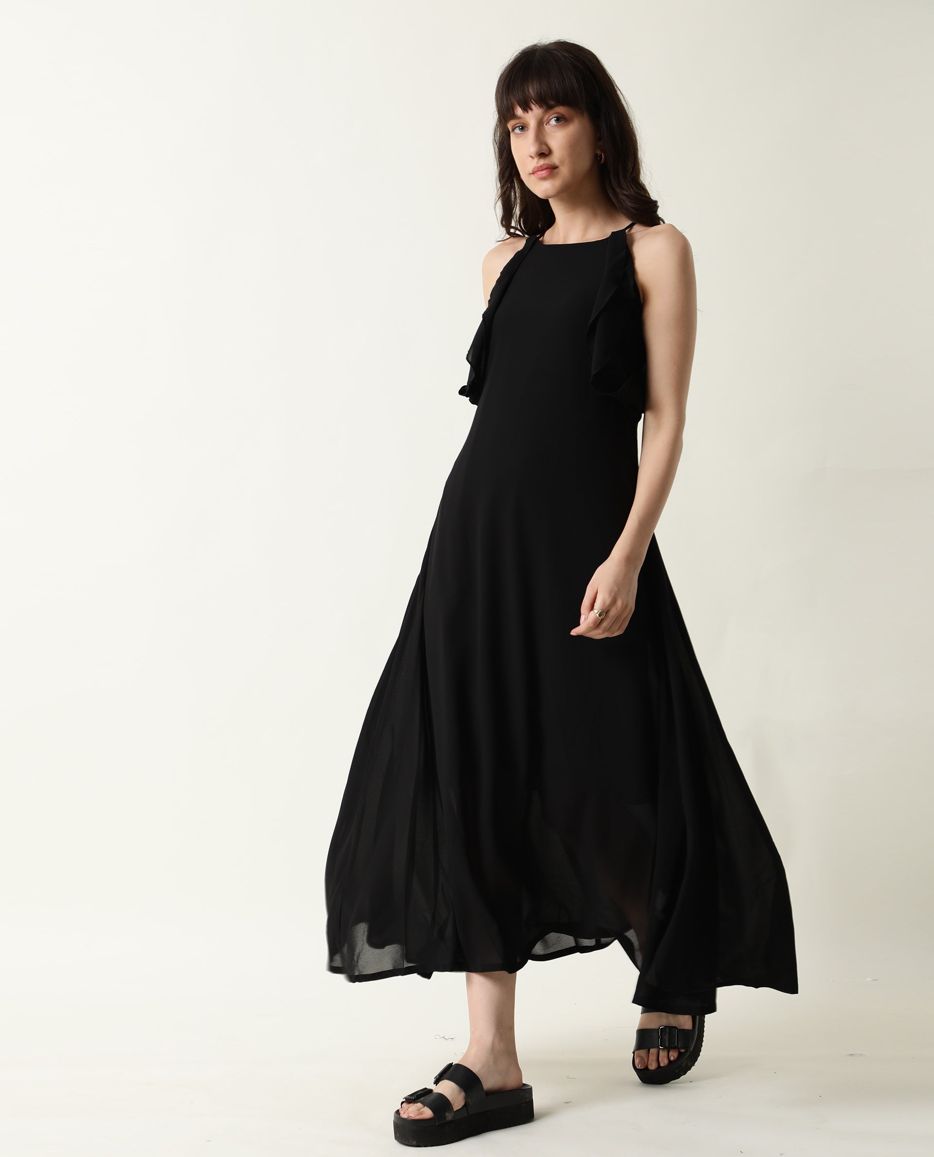 Rareism Women Decora Black Round Neck Spaghetti Shoulder Straps With Ruffles And Pockets Maxi Dress