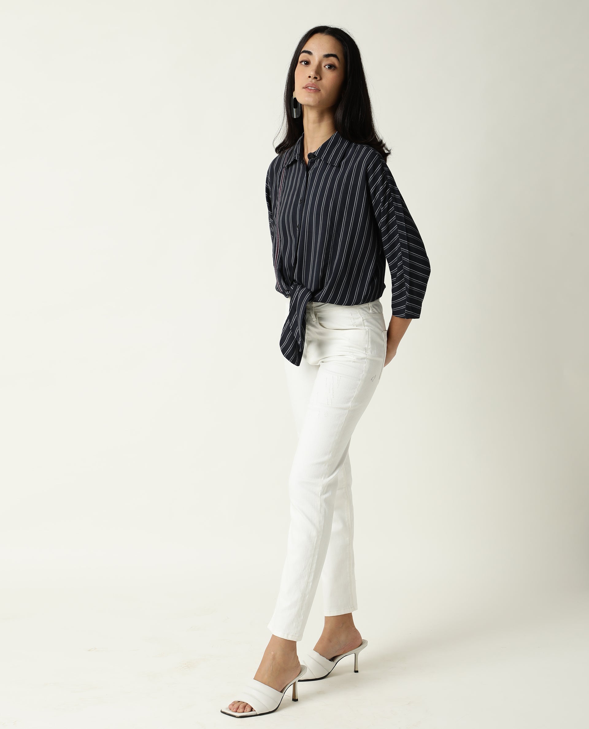 Rareism Women Cia Navy Viscose Fabric Regular Fit Shirt Collar 3/4Th Sleeves Striped Top