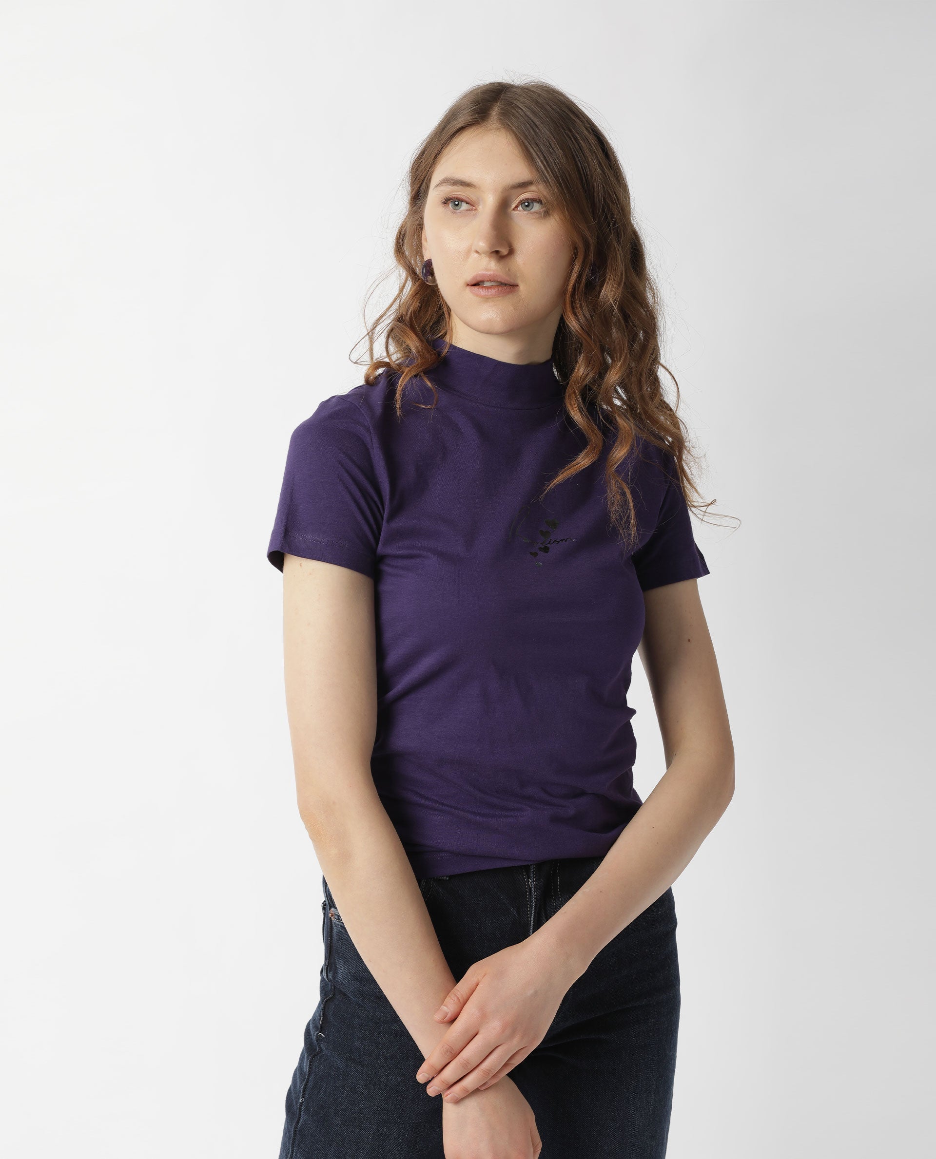 Rareism Women Hamock Purple Cotton Fabric Regular Fit Half Sleeves Solid Crew Neck T-Shirt