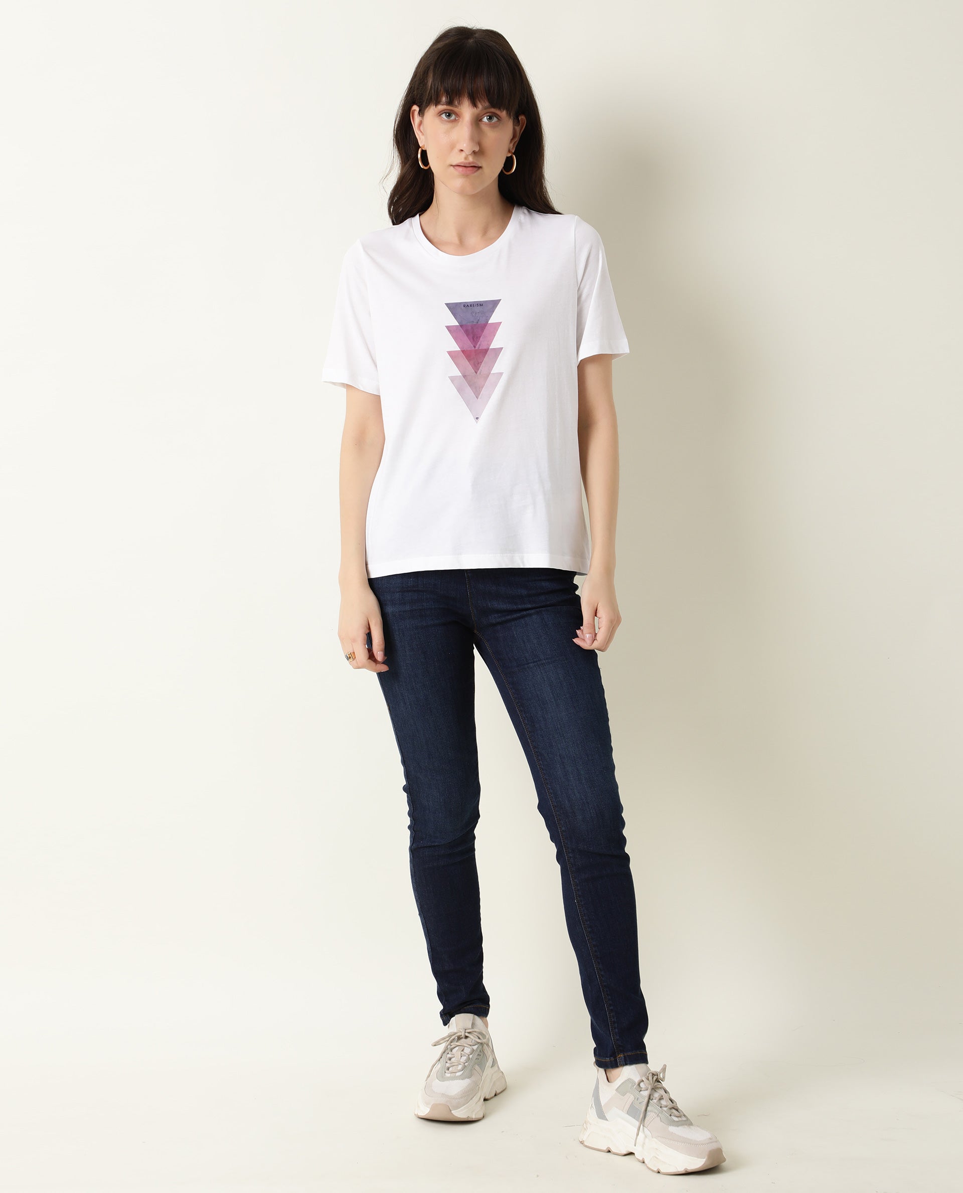 Rareism Womens Basic Tee 3 White T-Shirt Cotton Fabric Fitted Fit Short Sleeve Round Neck
