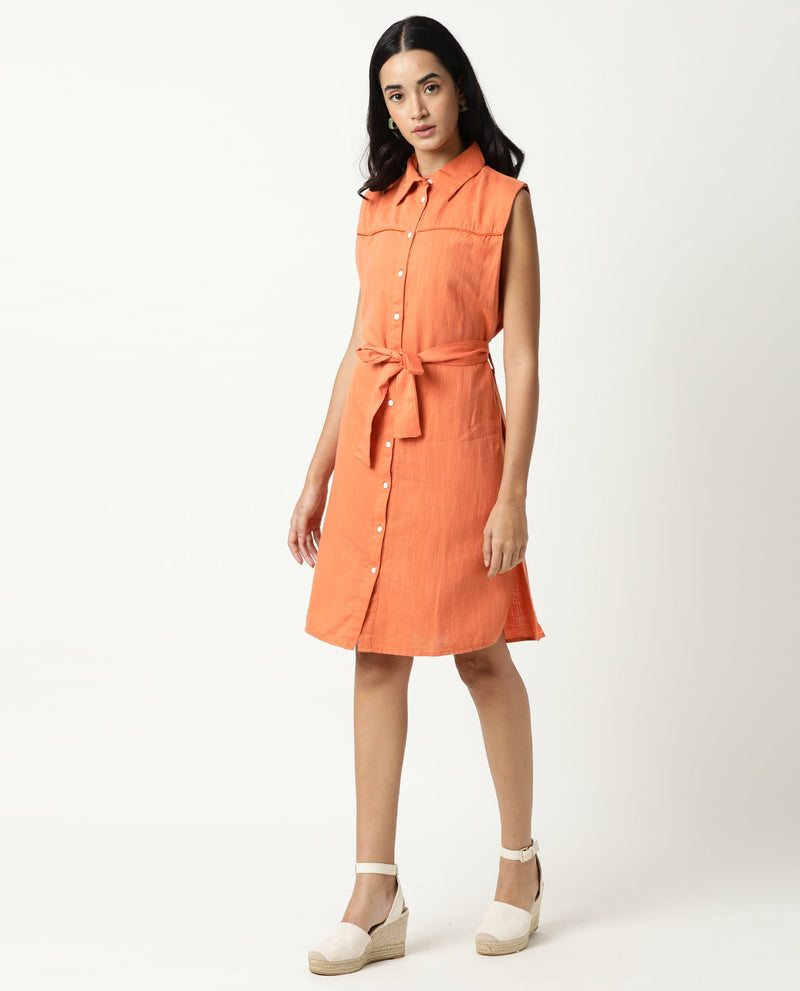 Rareism Women Zolaa Orange Shirt Collar Front Packet With Buttons Fabric Waist Belt And Side Slit Knee Length Dress