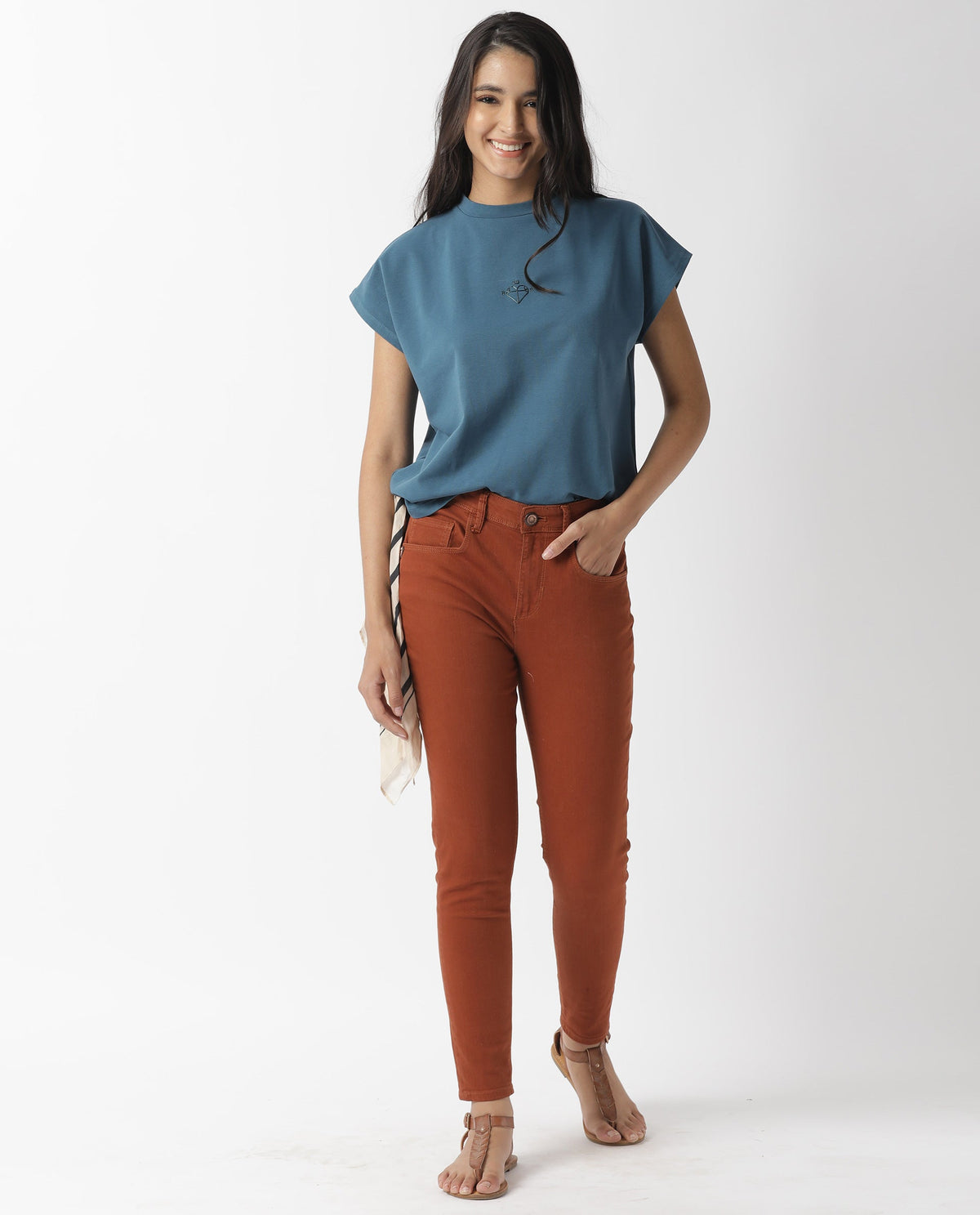 Rareism Womens Hola Petrol T-Shirt High Neck Polycotton Spandex Fabric