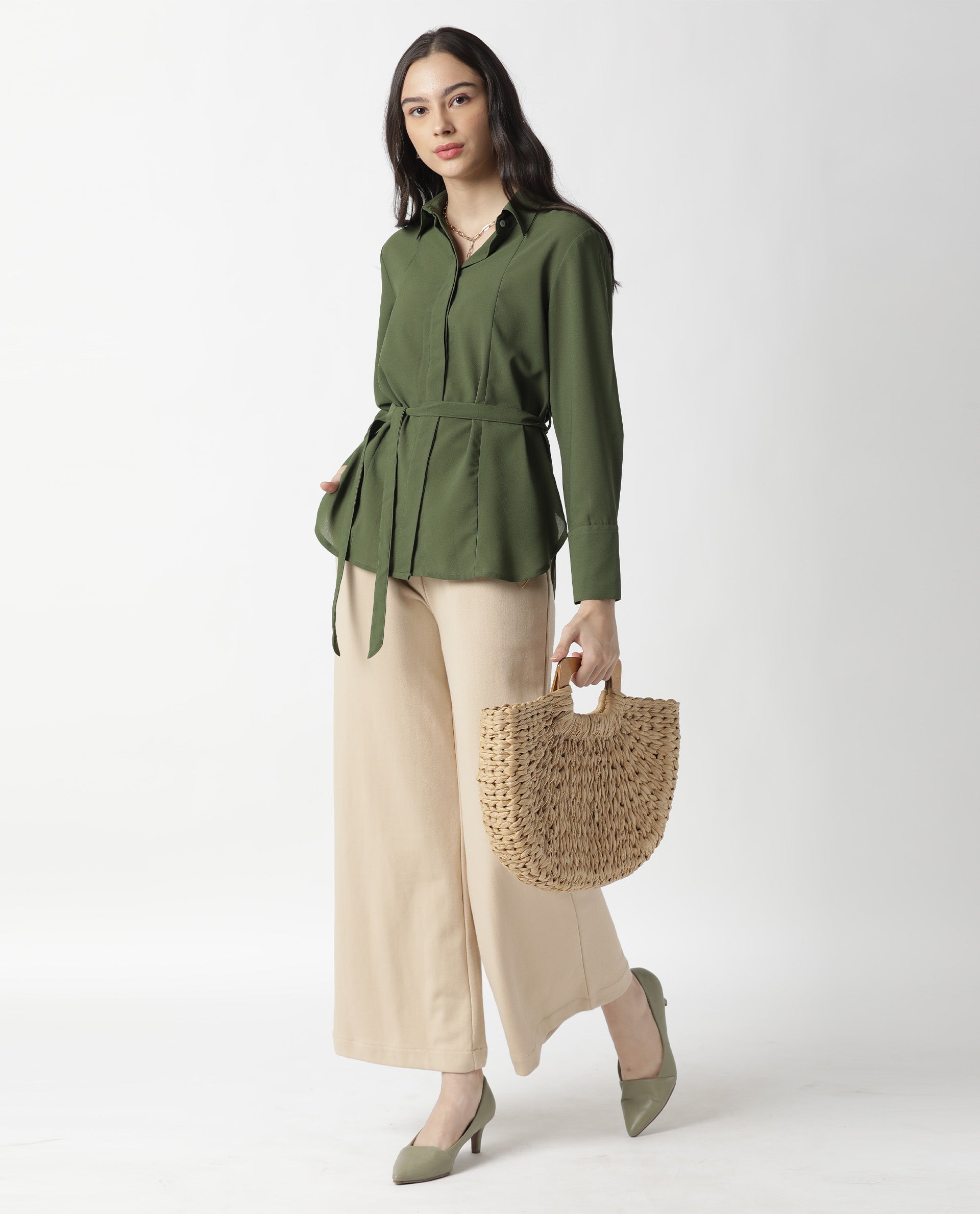 Rareism Women Mould Green Top Full Sleeves Solid