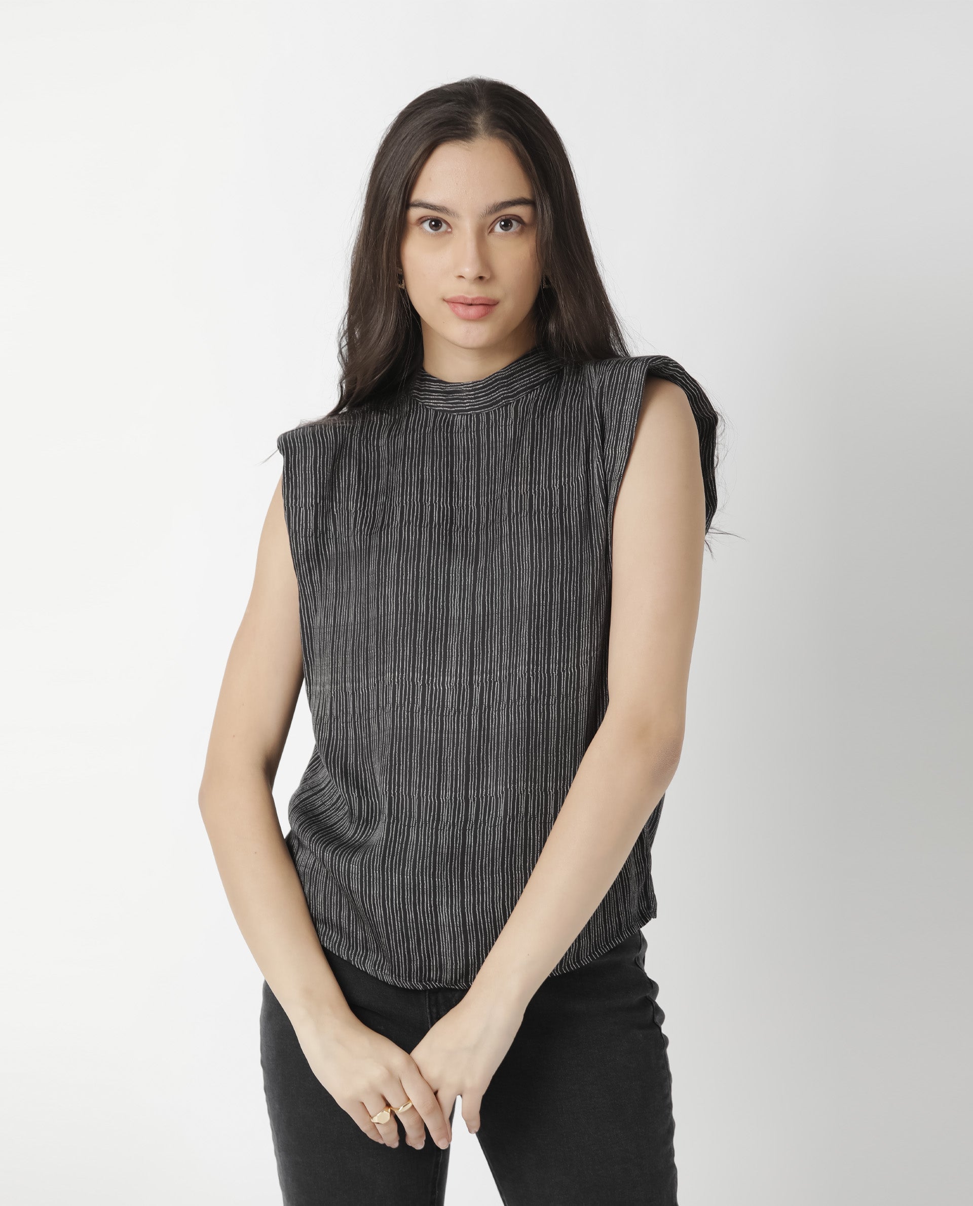 Rareism Women Yella Black Top Sleeveless Printed