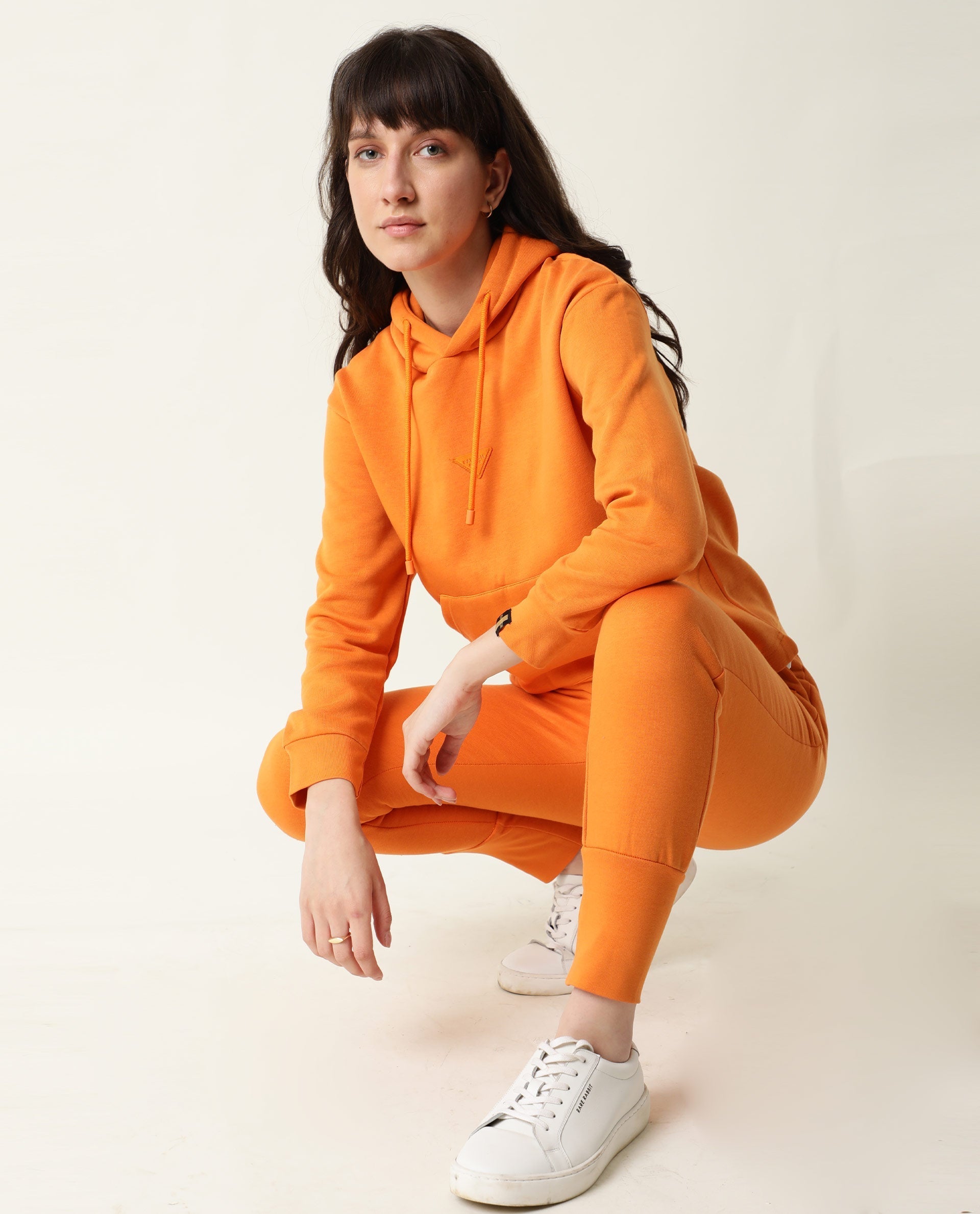 Rareism Women's Wally-1 Orange Cotton Blend Hooded Plain Relaxed Fit Sweatshirt