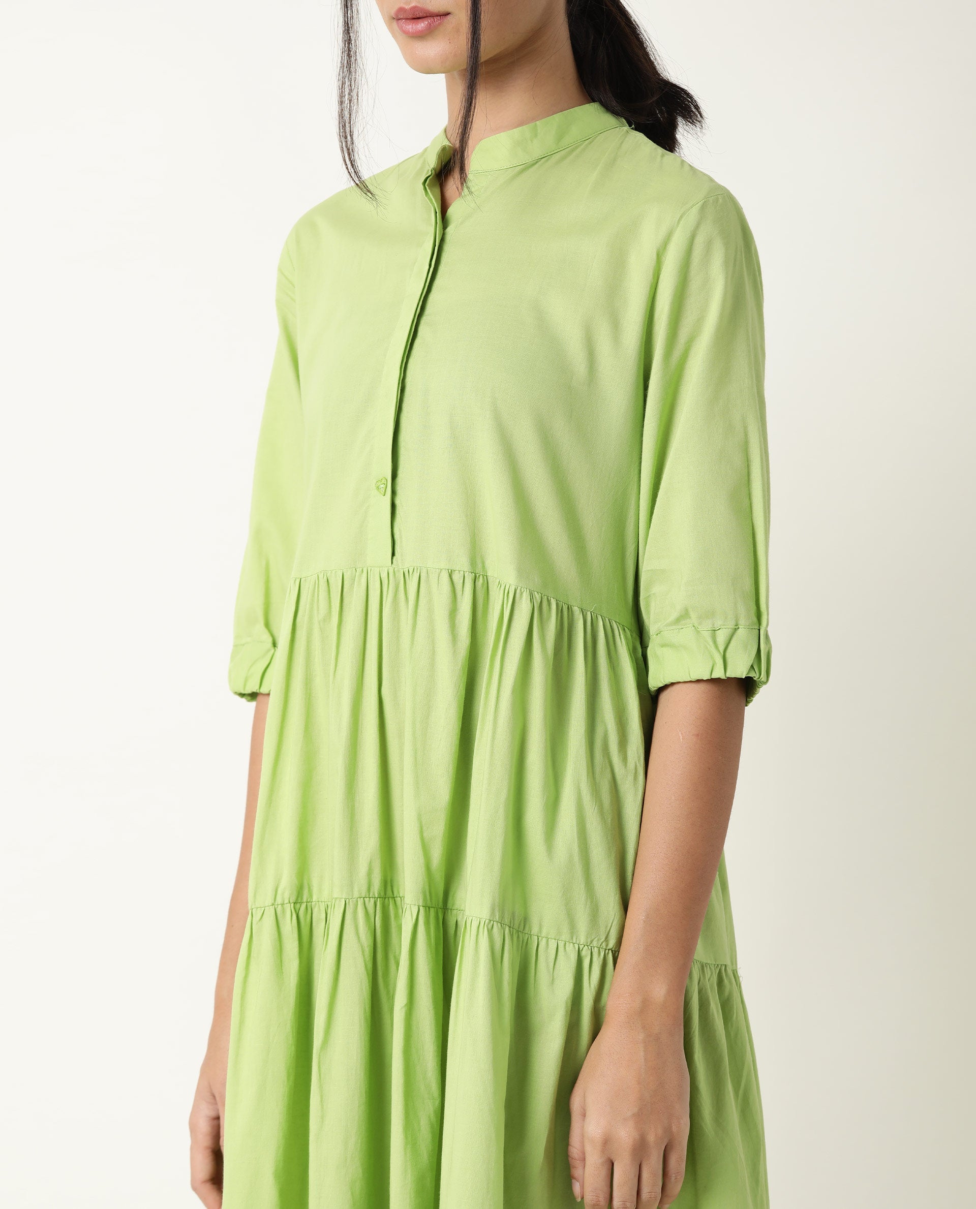 Rareism Womens Intro Green Dress Cotton Fabric Regular Fit Puff Sleeves Mandarin Neck