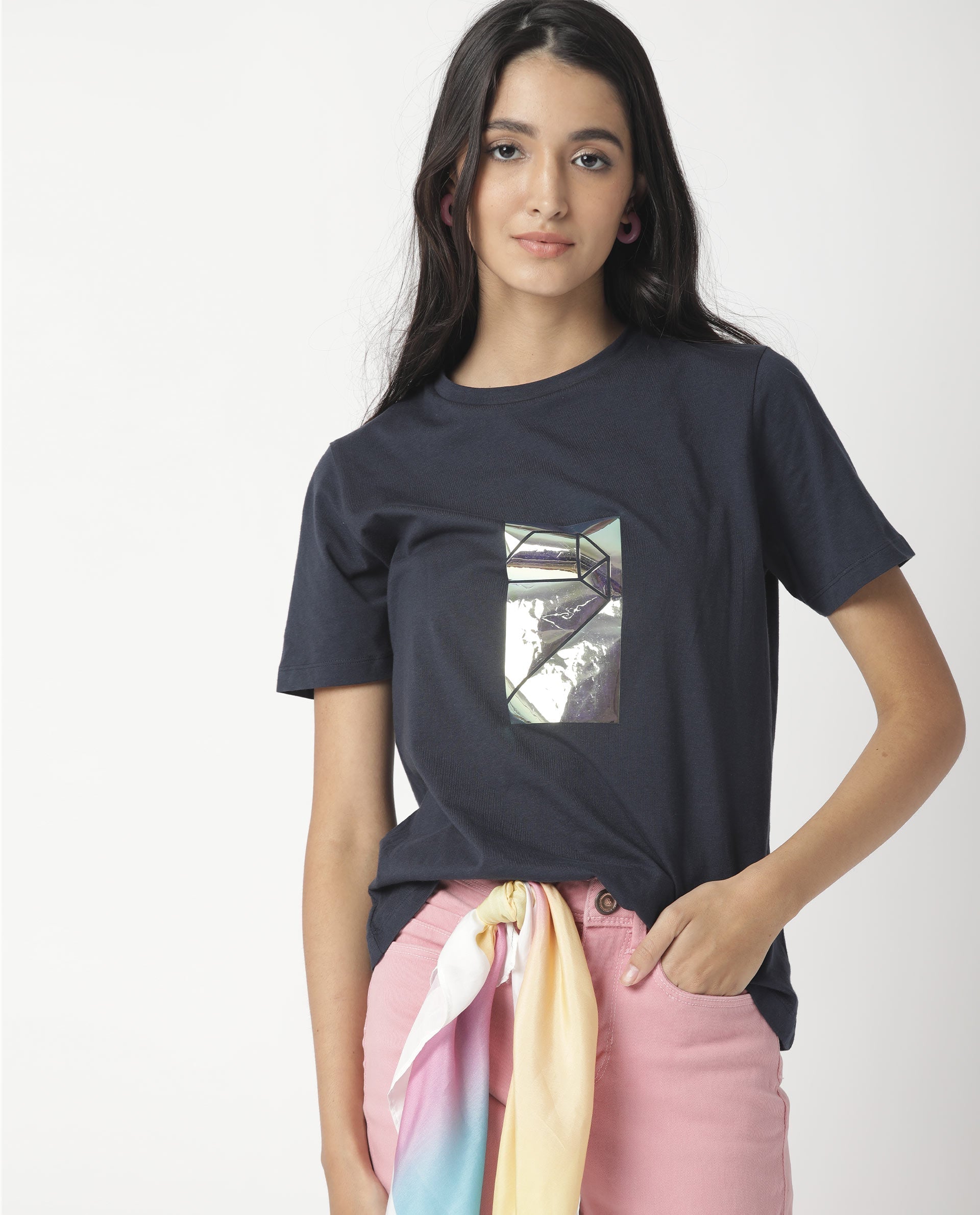 Rareism Women Gulf Navy Cotton Fabric Regular Fit Half Sleeves Graphic Print Crew Neck T-Shirt