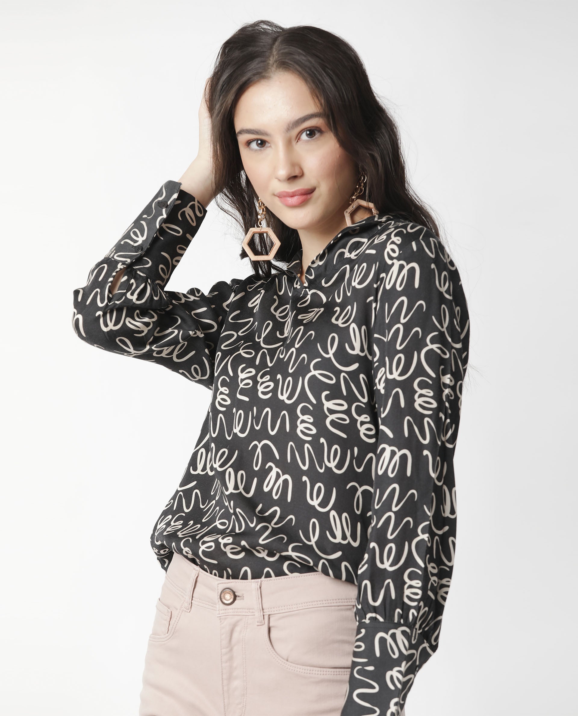 Rareism Womens Zesh Black Top Modal Satin Fabric Regular Fit Full Sleeve High Neck