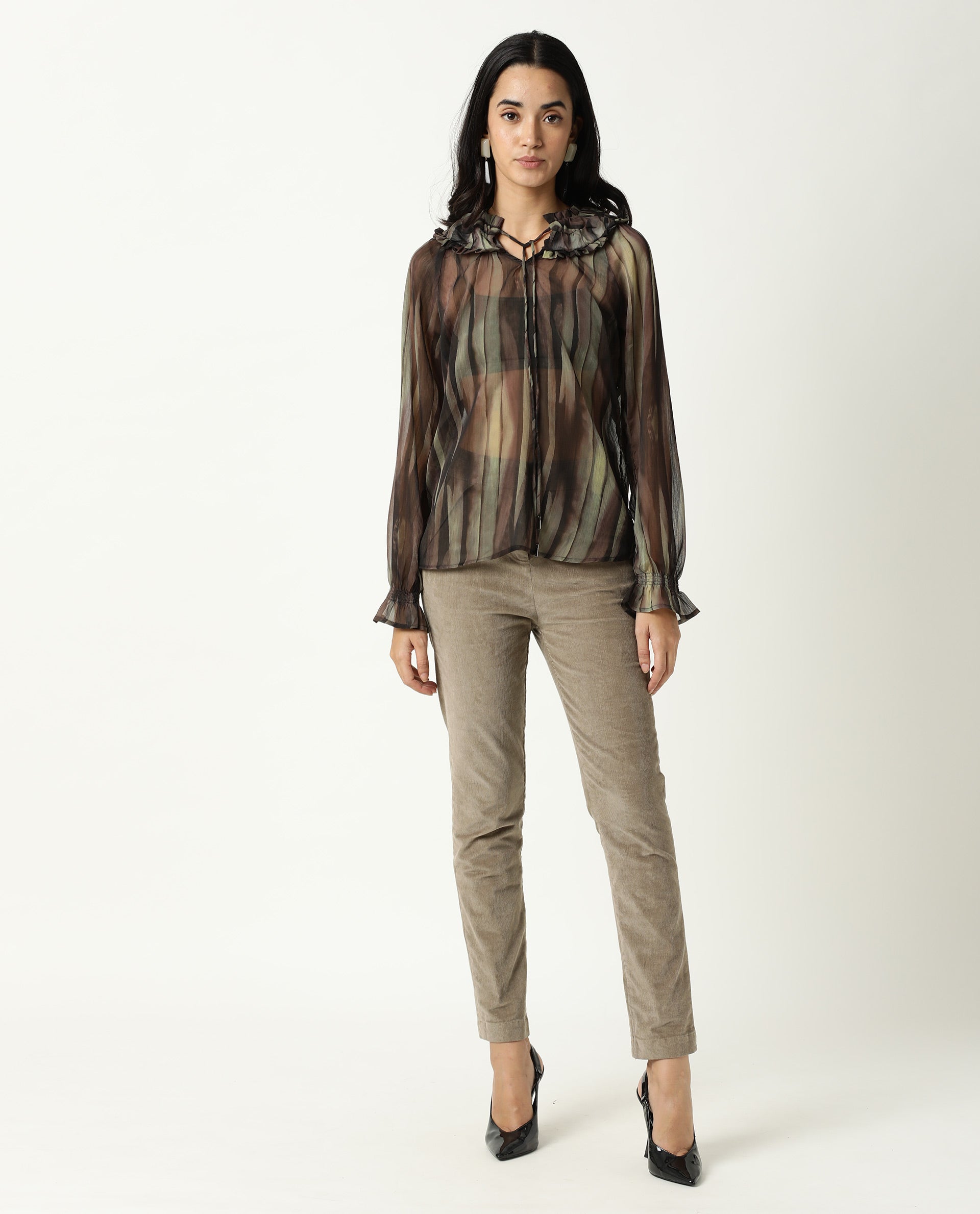 Rareism Womens Kade Green Top Viscose Fabric Loose Fit Extended Sleeves V Neck