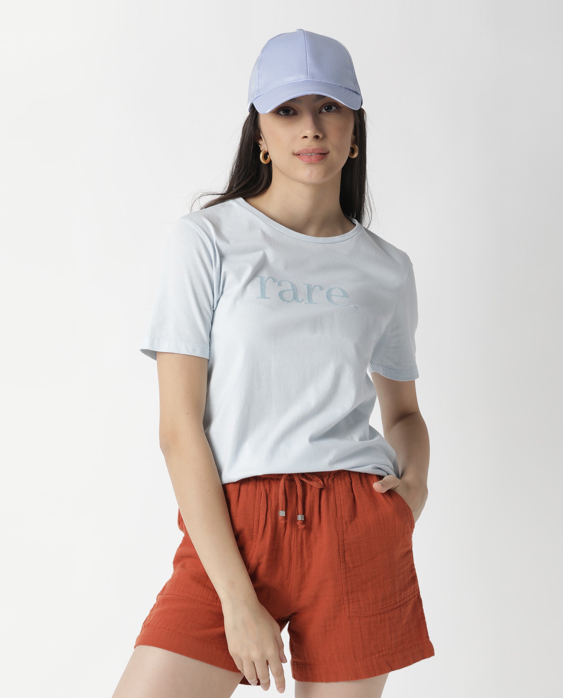 Rareism Womens Basic Tee 2 Blue T-Shirt Cotton Fabric Fitted Fit Short Sleeve Round Neck