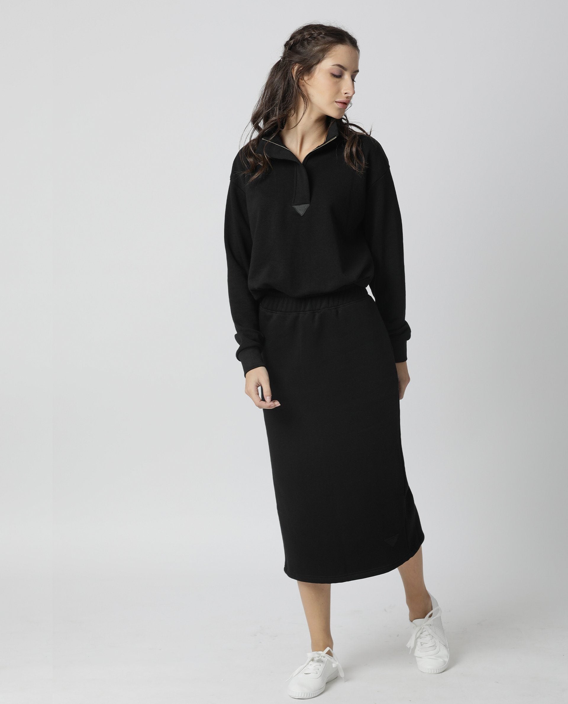 Rareism Women Fudge-1 Black Poly Cotton Fabric Tailored Fit High Rise Solid Midi Skirt