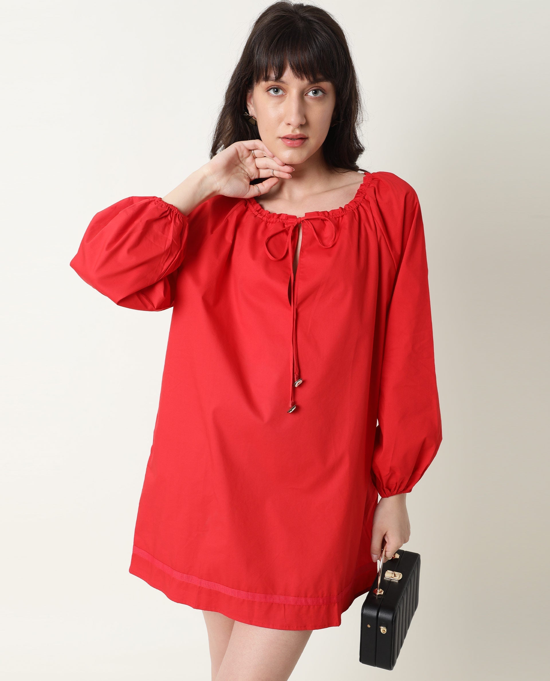 Rareism Womens Sapie Red Dress Cotton Fabric Boxy Fit Round Neck