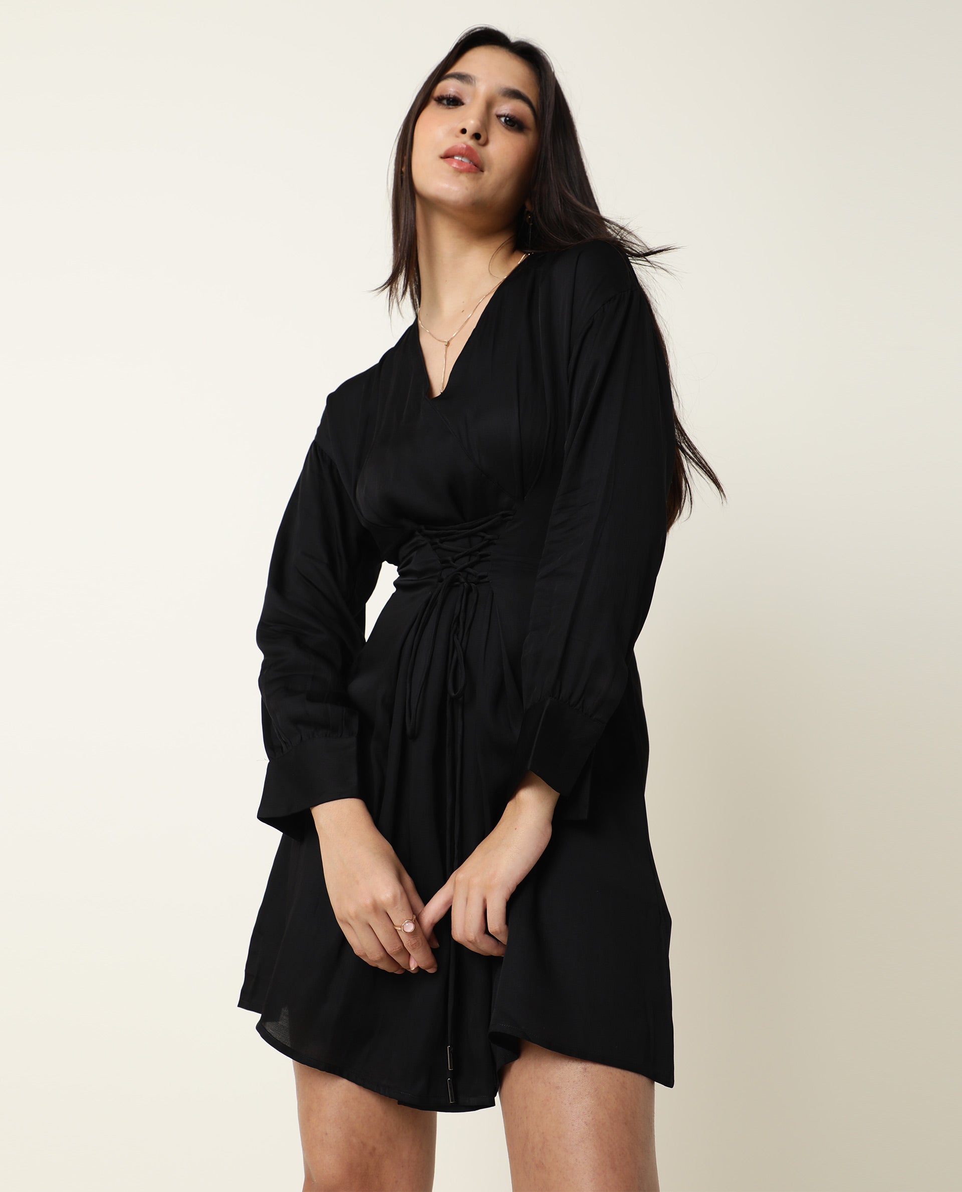 Rareism Women Lactose Black V Neck Full Sleeves Waist Criss Cross Tie Up Mini Dress