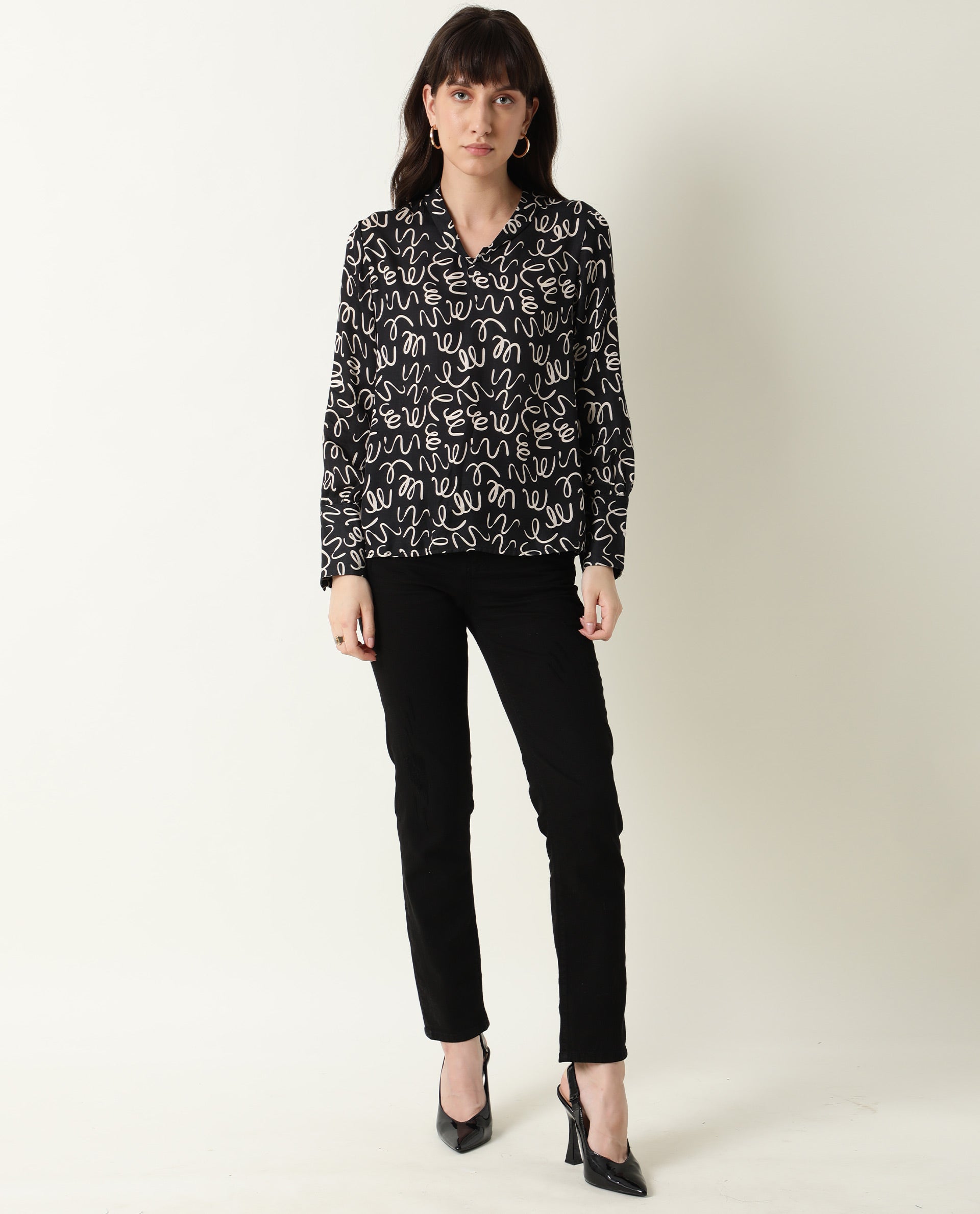 Rareism Womens Zesh Black Top Modal Satin Fabric Regular Fit Full Sleeve High Neck