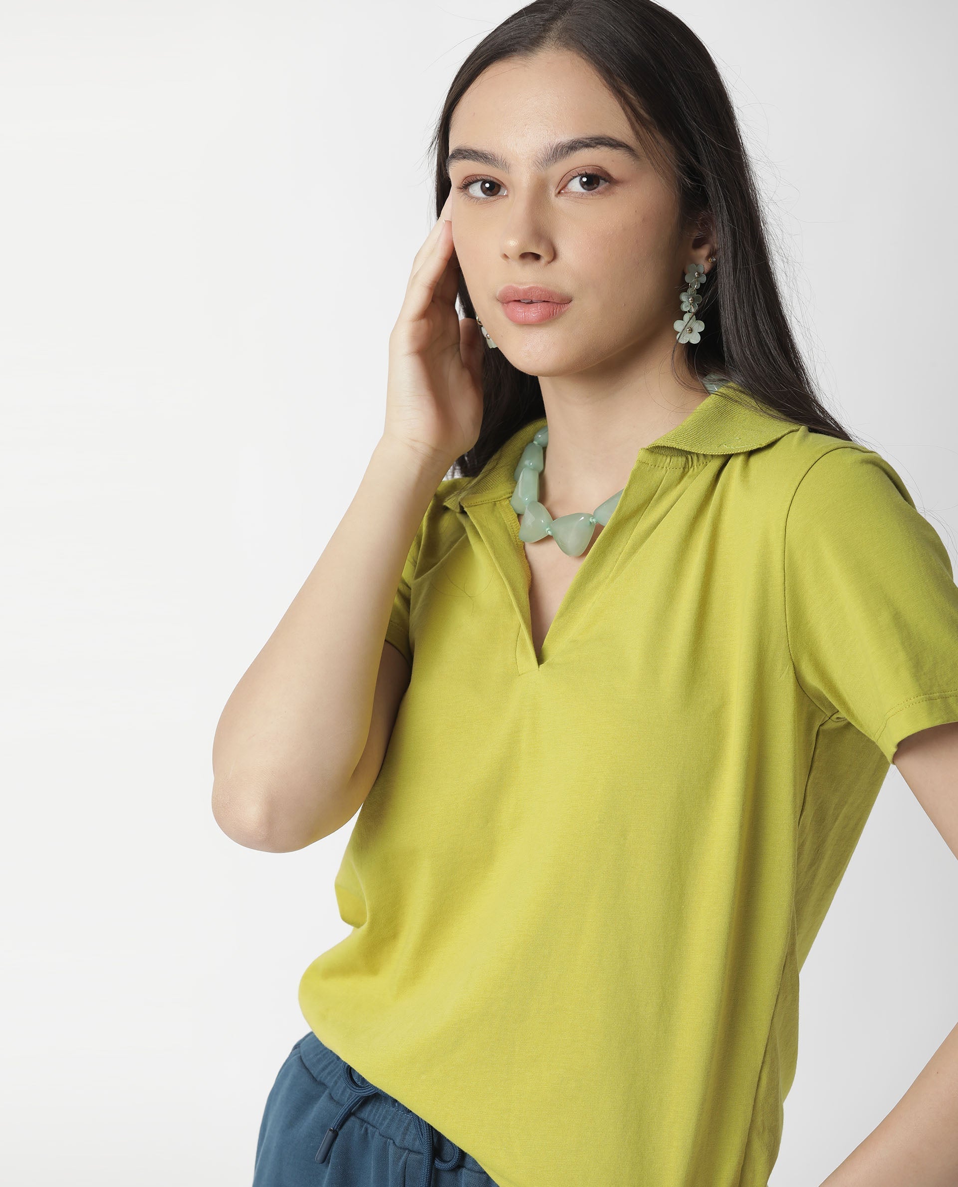 Rareism Womens Candid Green Polo Cotton Fabric Regular Fit Half Sleeve Collared Neck