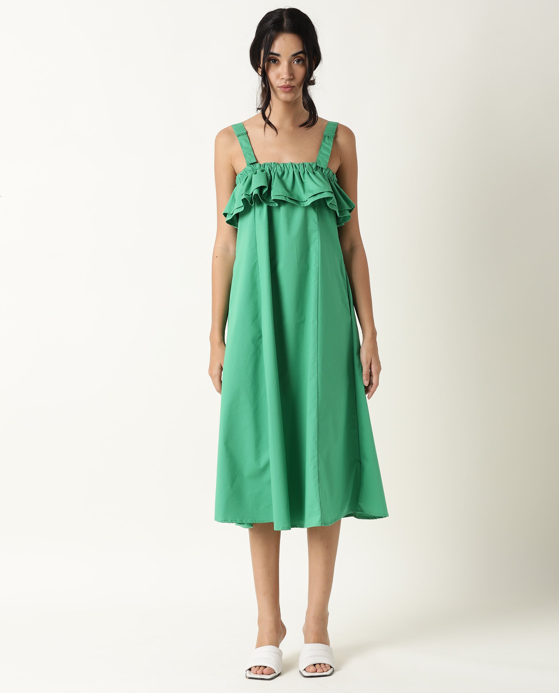 Rareism Women Shallow Green Broad Shoulder Straps Ruffled Square Neck With Pockets Midi Dress