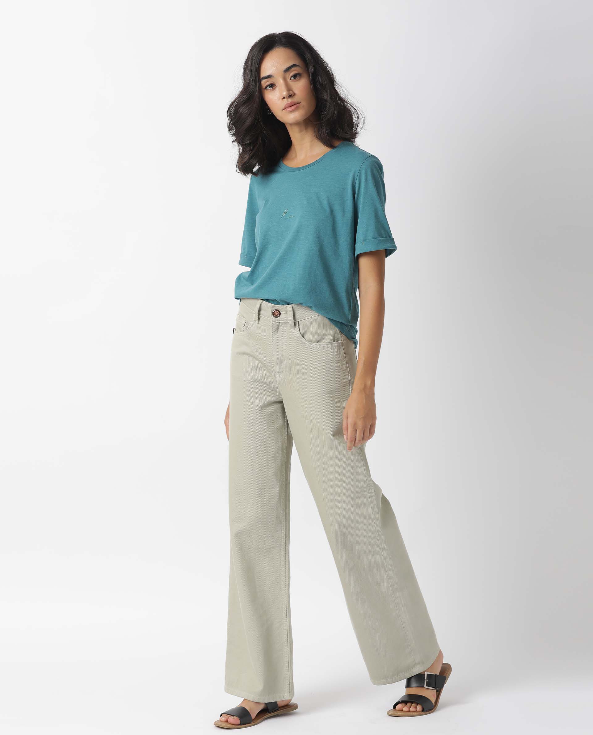 Rareism Women Nova Tee 2 Green Cotton Blend Fabric Regular Fit Half Sleeves Solid Crew Neck T-Shirt