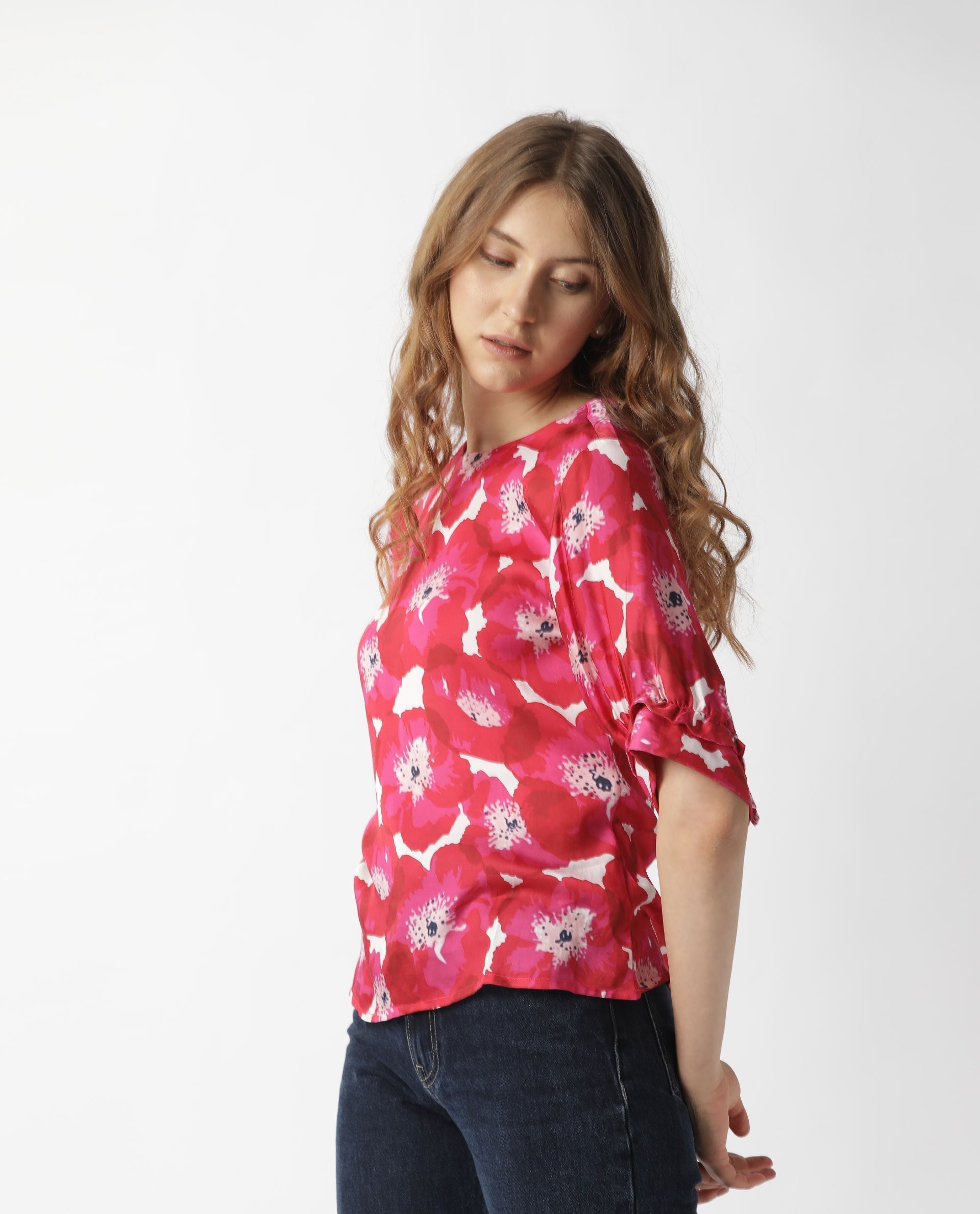 Rareism Womens Mall Red Top Modal Fabric Regular Fit Regular Sleeves Mandarin Neck