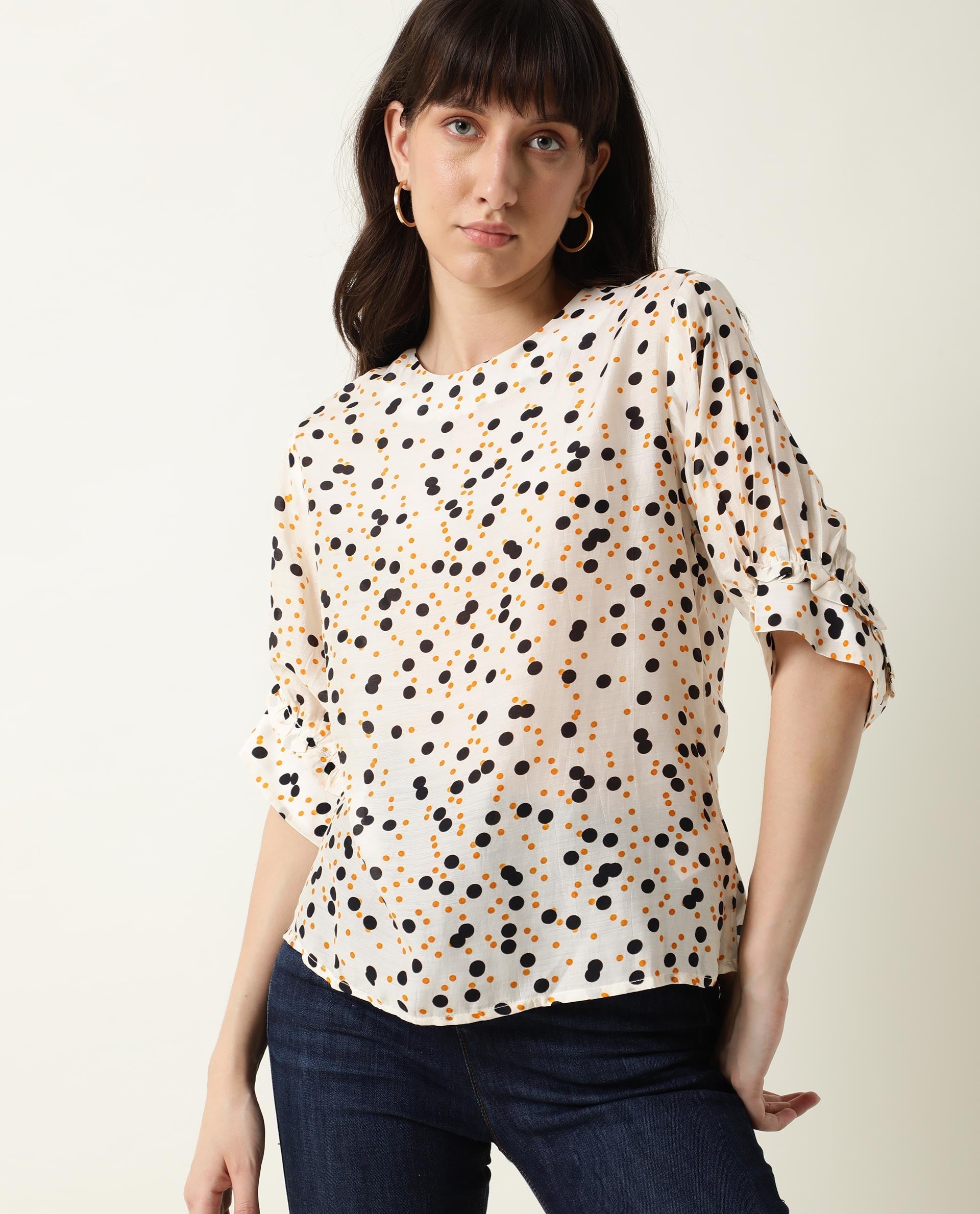 Rareism Women Roy Orange Top Short Sleeves Printed